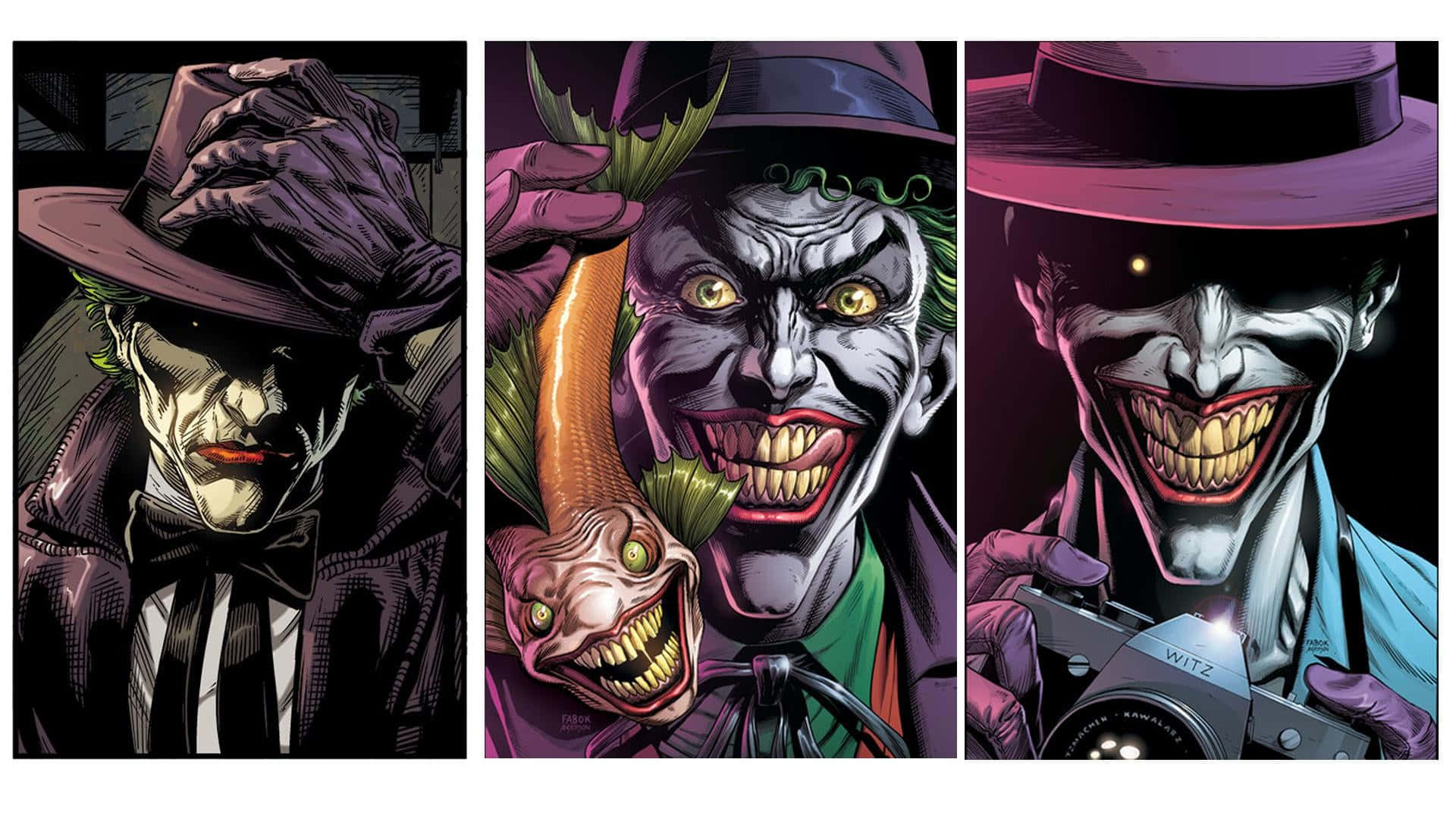 Batman Three Jokers 桌布 壁紙 — 三個漫畫書面板描繪了小丑在不同姿勢下拿著魚和相機，背景為深色。