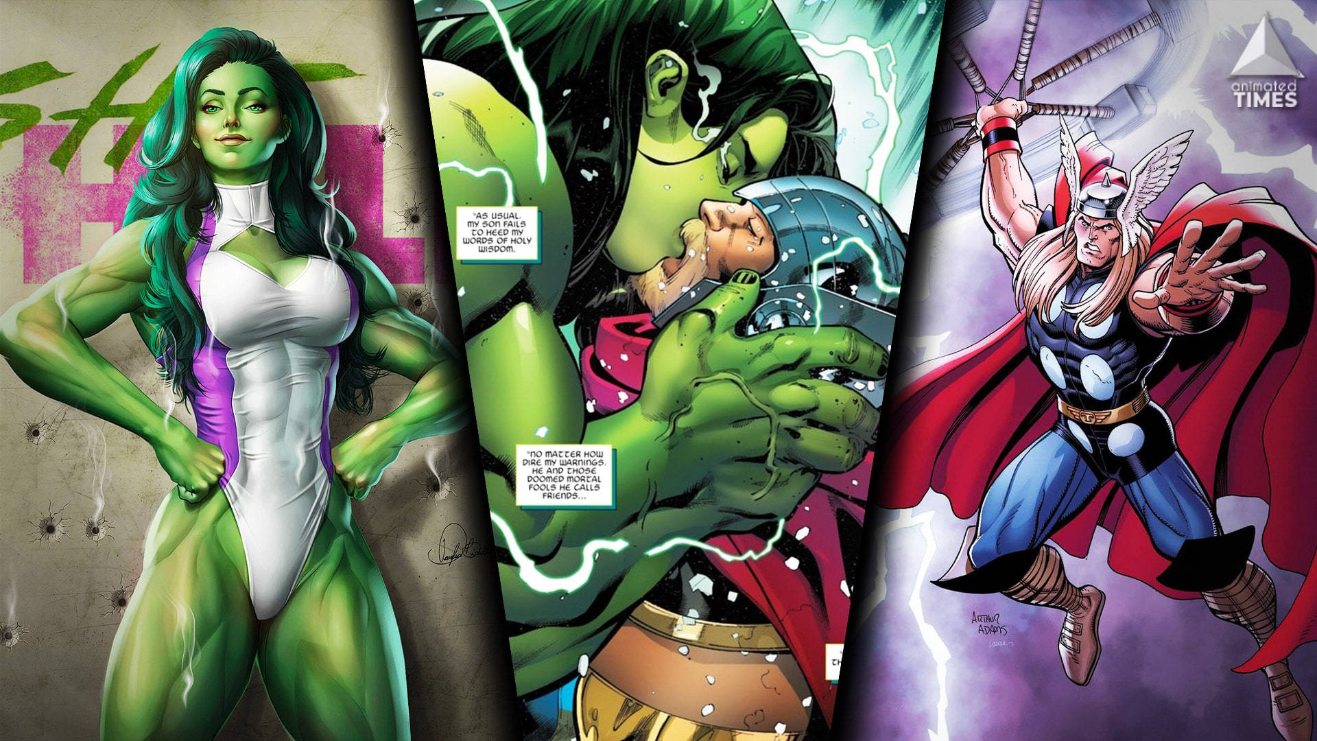 she 桌布 壁紙 — 三個漫畫格顯示白色西裝的She-Hulk、粉碎頭盔的Hulk，以及伴隨閃電飛行的Thor。