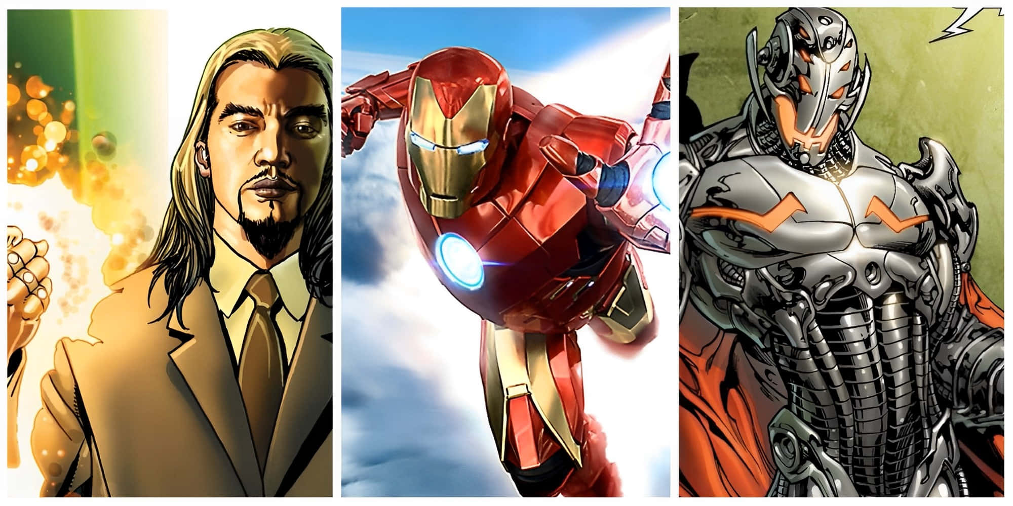 Iron Man Villains 桌布 壁紙 — 三個漫畫英雄：一個穿著西裝、散發光芒能量的男人，飛行的鋼鐵人，以及一個身穿盔甲的機械戰士。