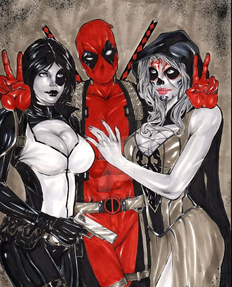Deadpool And Domino 桌布 壁紙 — 三個漫畫角色 Deadpool、Black Canary 和一個骷髏臉女人以粗獷的插畫風格一起擺姿勢。