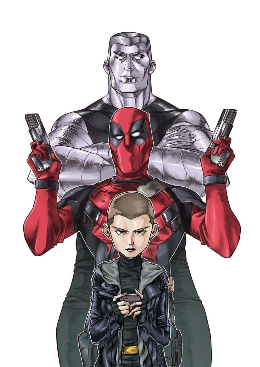 Deadpool And Negasonic Teenage Warhead 桌布 壁紙 — 三個漫畫角色以分層姿勢站立，手持槍枝，背景為純白色。