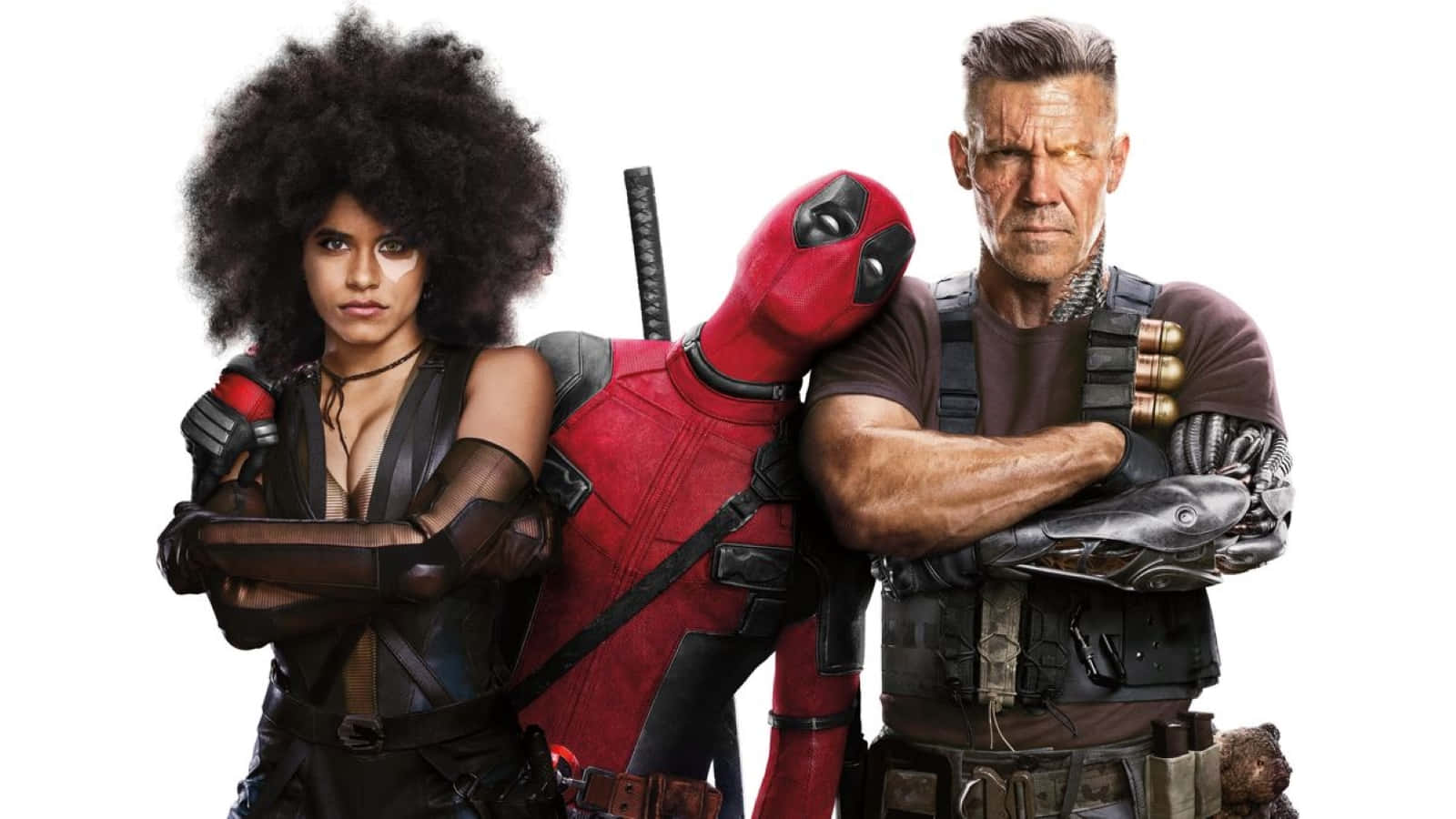Deadpool 2 桌布 壁紙 — 三個漫畫角色在純白色背景前自信地擺姿勢，帶有鮮明的紅色、黑色和棕色色調。