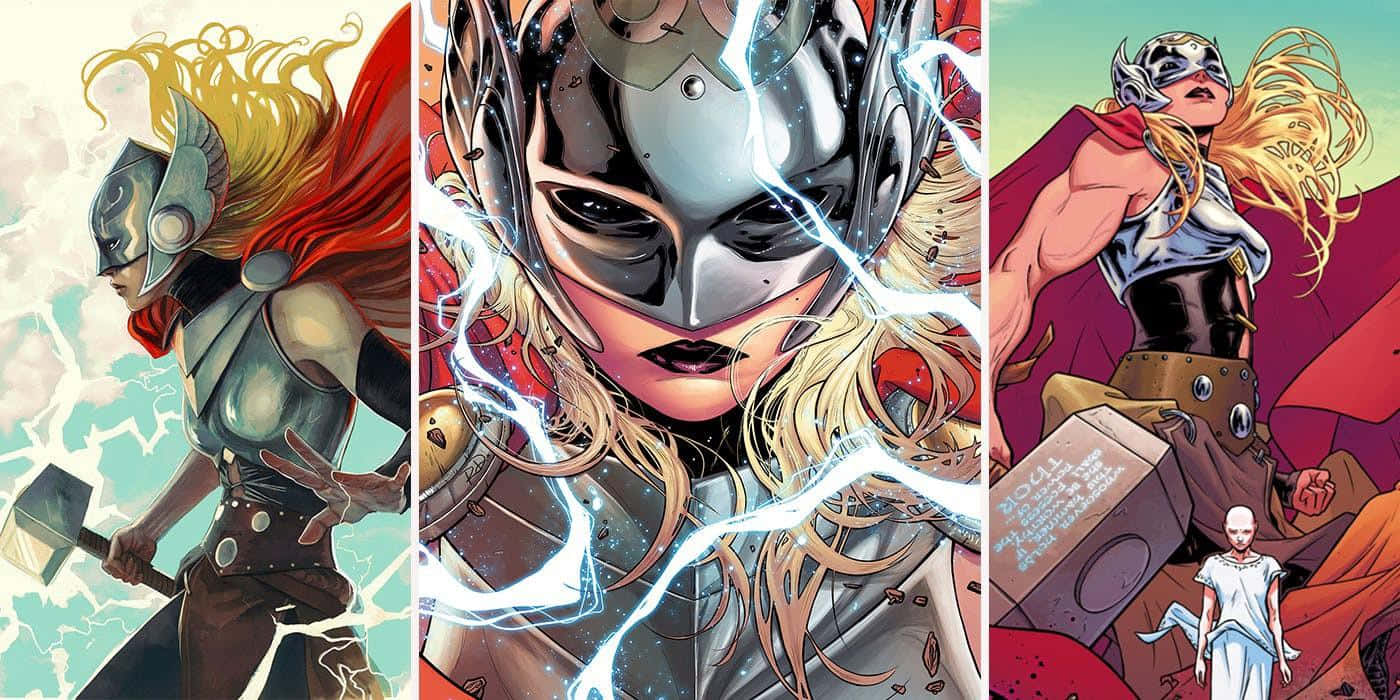 Jane Foster 桌布 壁紙 — 三個漫畫面板顯示索爾揮舞著錘子，周圍環繞著閃電和動態姿勢。