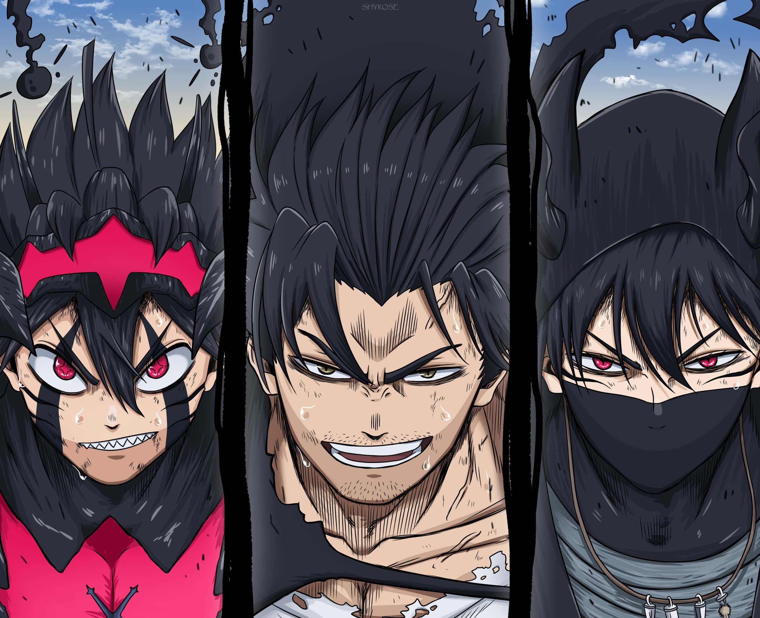Black Clover Yami 桌布 壁紙 — 三個激烈的動漫角色，擁有尖刺般的黑髮和紅眼睛，在暴風雨的天空背景下兇猛地凝視。