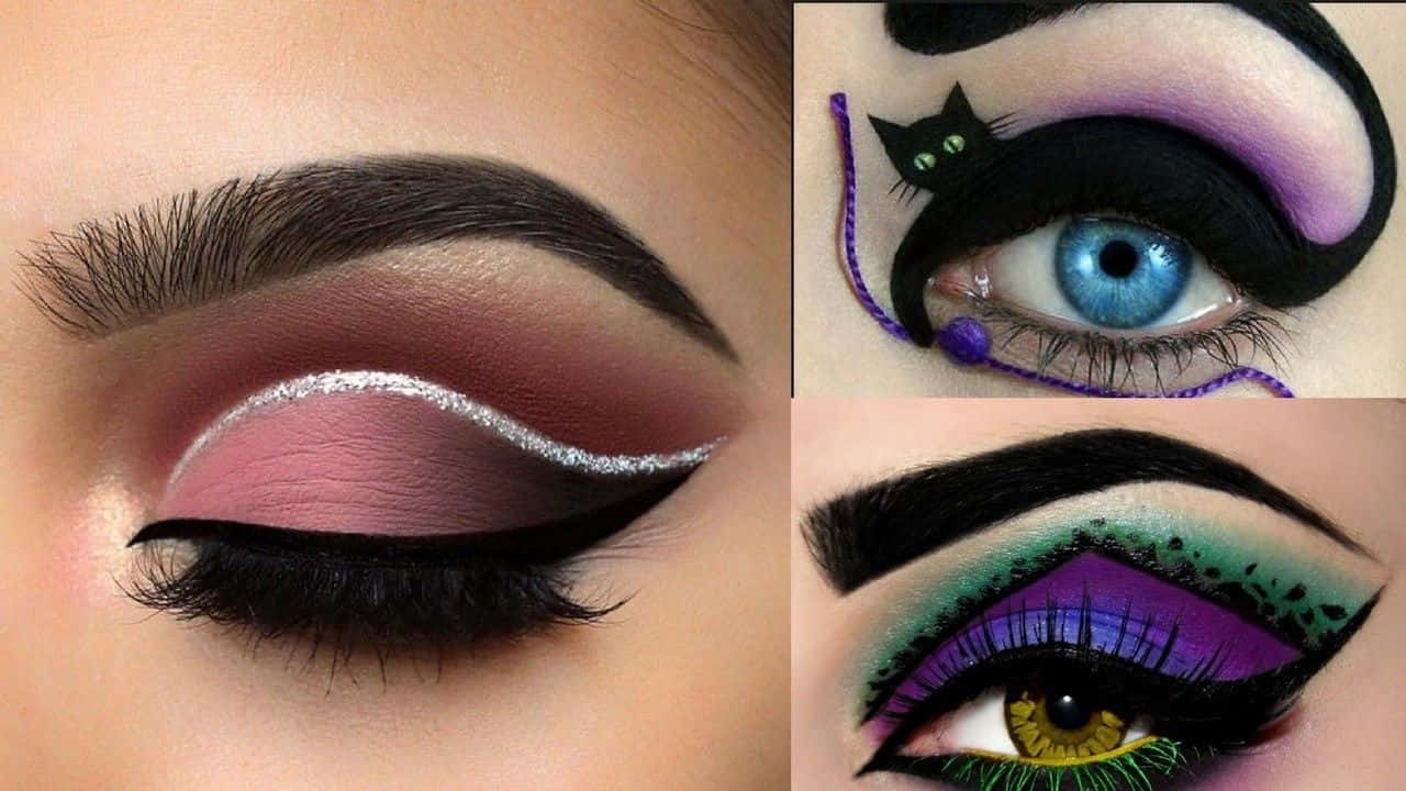 Cute Makeup 桌布 壁紙 — 三個特寫眼睛，大膽化妝，帶有閃粉銀色貓、紫綠漸變和粉紅閃光。
