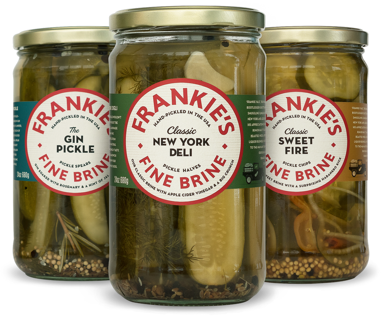 醃黃瓜 桌布 壁紙 — 三個玻璃罐裝的Frankie's Fine Brine醃菜，口味各異，內有可見的蒔蘿籽。
