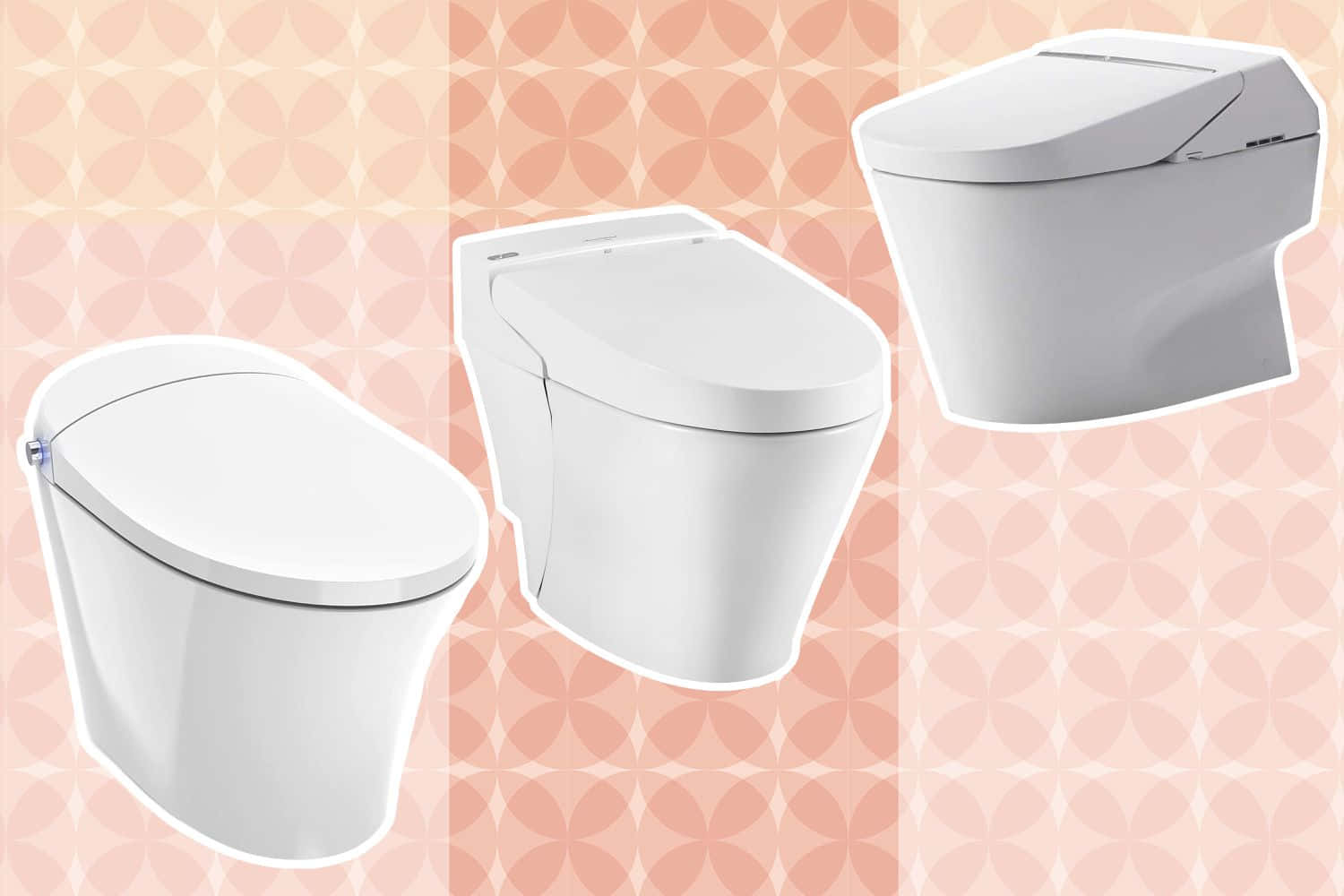Toilet 桌布 壁紙 — 三個現代白色馬桶展示在柔和的粉紅色幾何圖案背景上。
