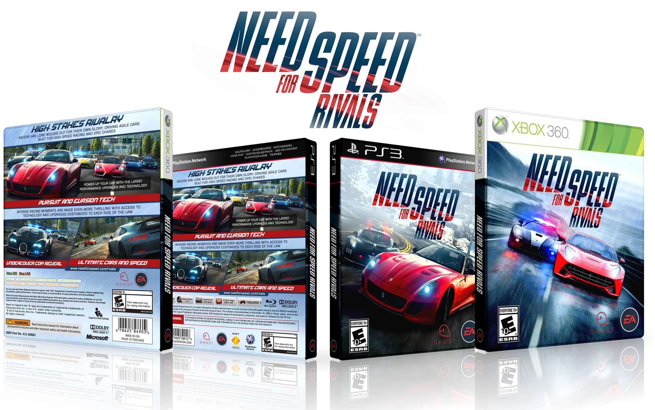 Need For Speed Payback 桌布 壁紙 — 三個用於 PS3、Xbox 360 和 PC 的 Need for Speed Rivals 遊戲盒，展示動態賽車藝術和粗體標題標誌。