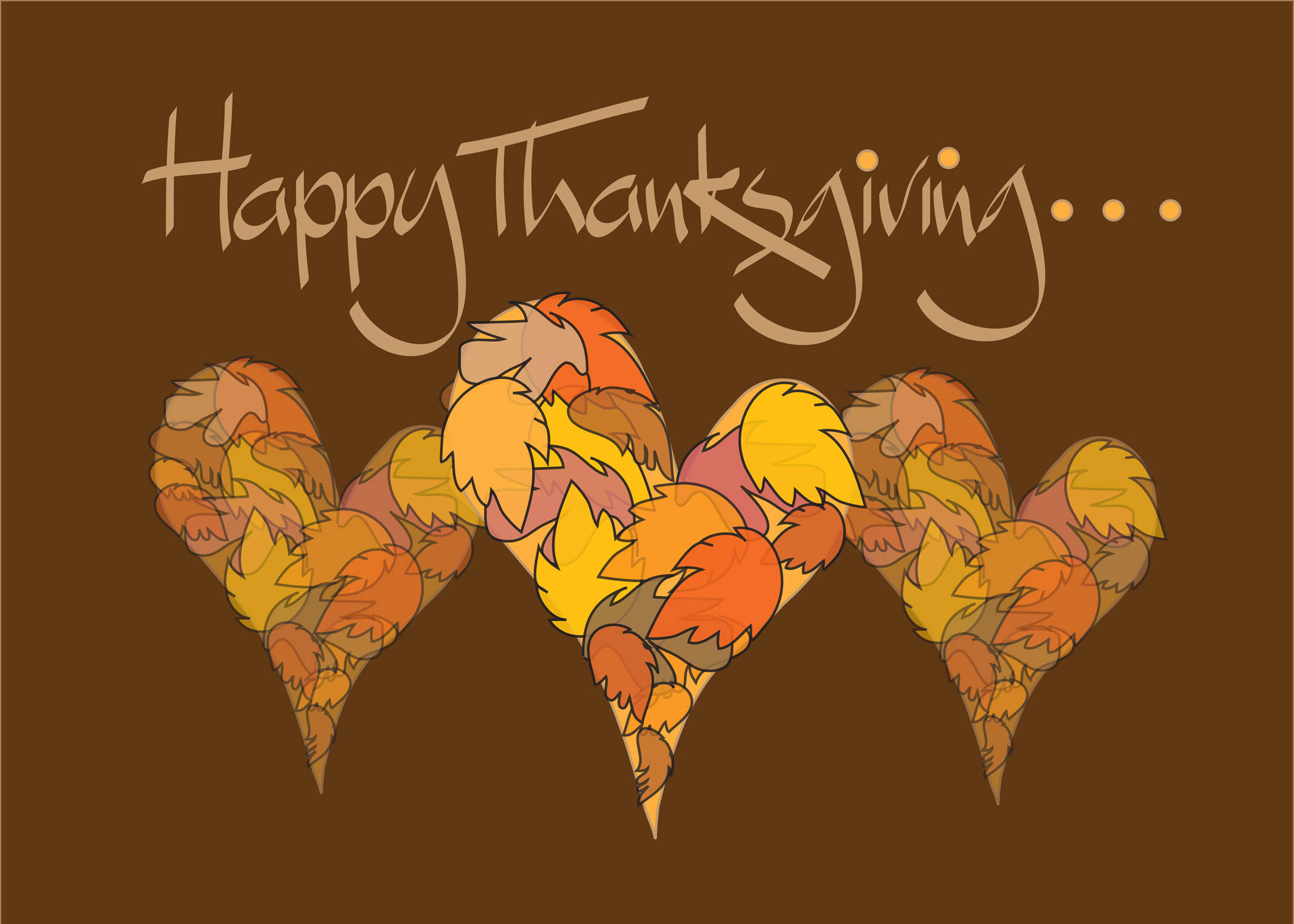 Cute Thanksgiving 桌布 壁紙 — 三個由秋葉製成的心形，上面寫著「Happy Thanksgiving...」，背景為棕色。
