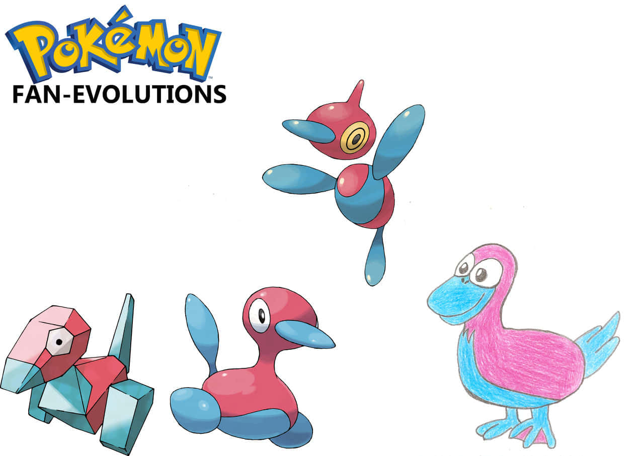 Porygon2 桌布 壁紙 — 三個由粉絲創作的彩色寶可夢進化形態，採用幾何和鳥類設計，背景為純白色。