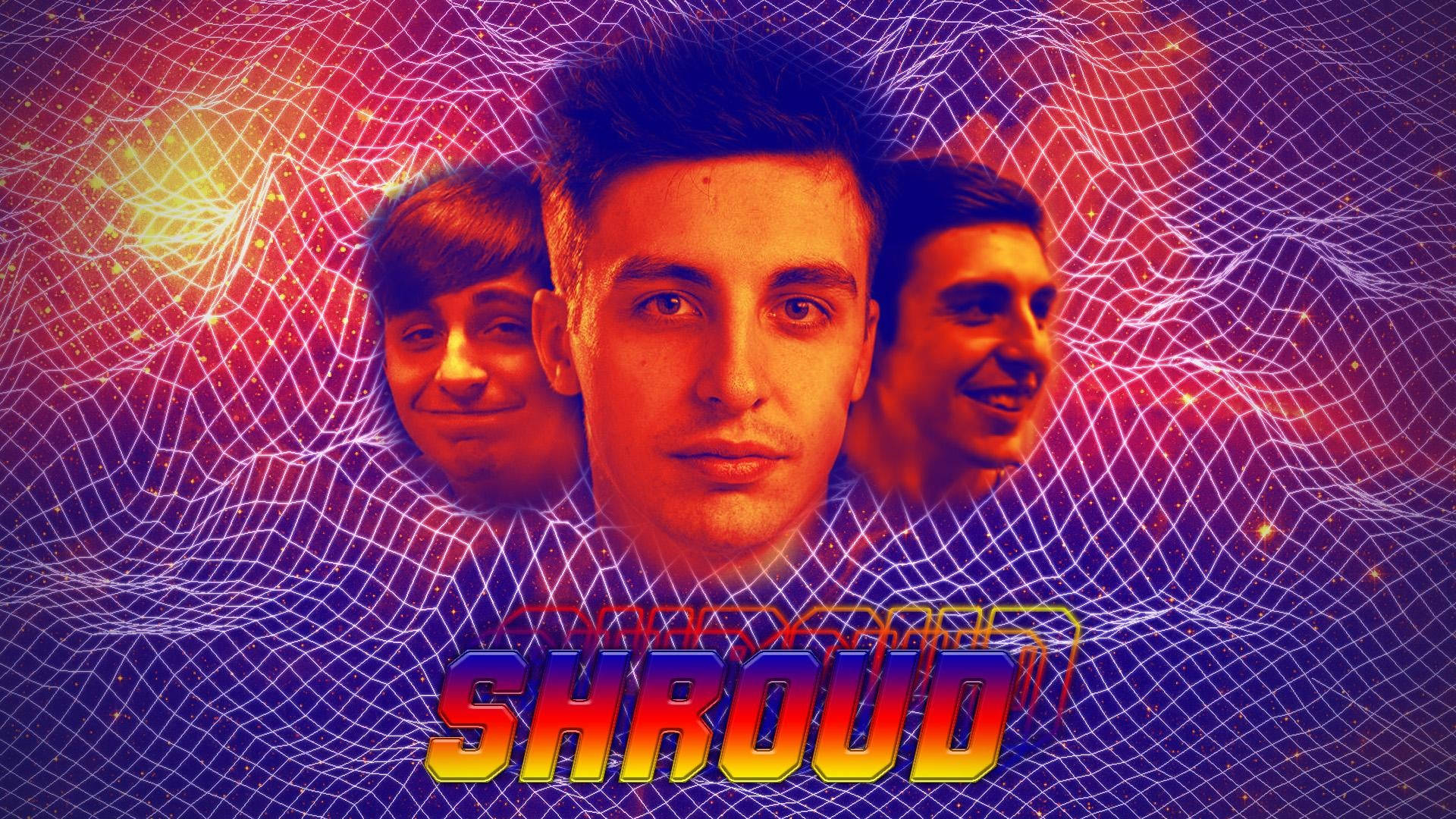Shroud 桌布 壁紙 — 三個男人發光的臉從霓虹網中浮現，背景是宇宙，並有粗體80年代風格字體的Shroud名字。