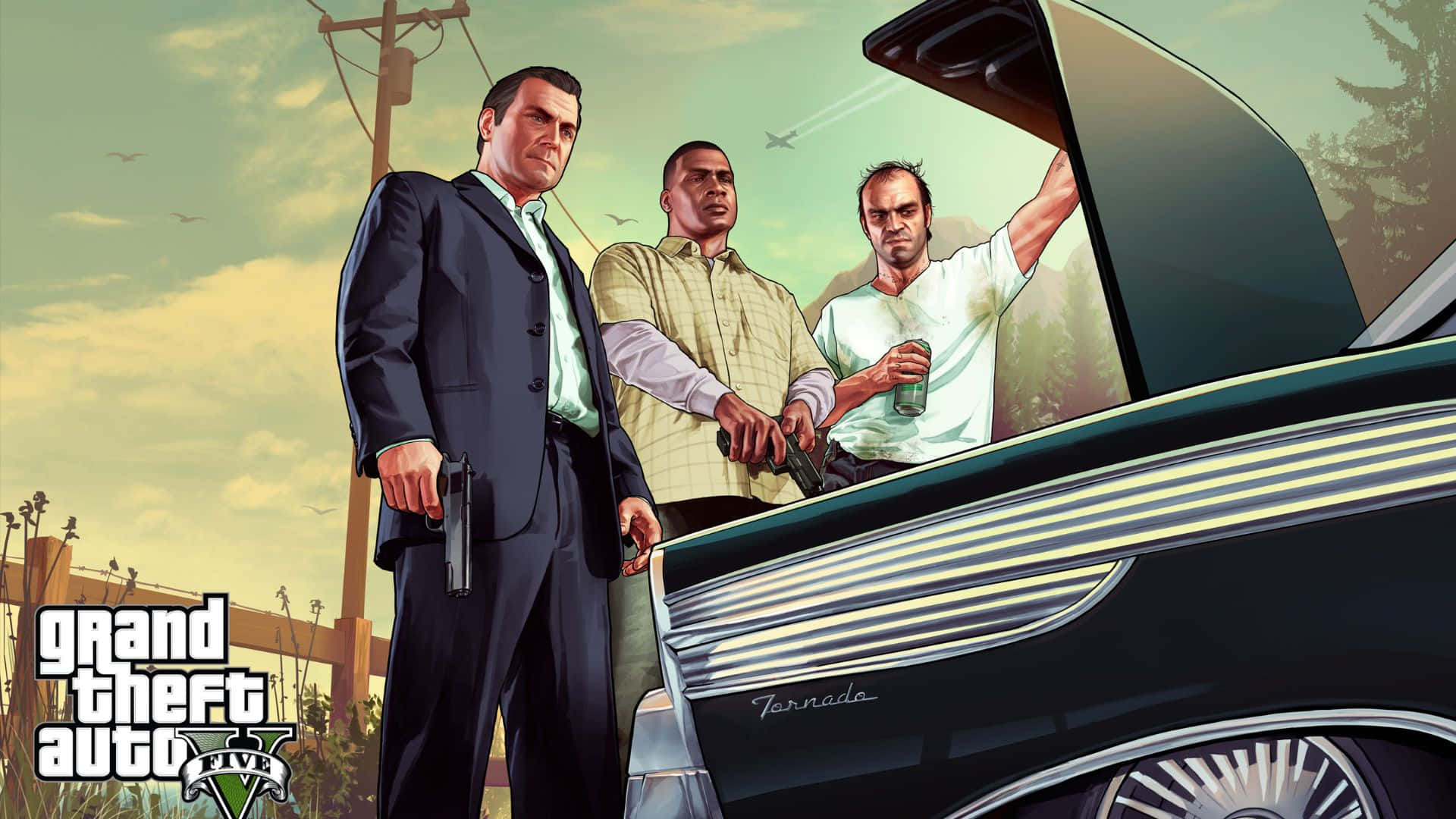 1920x1080 Grand Theft Auto V 桌布 壁紙 — 三個男人站在一輛黑色經典汽車旁，後車箱打開，一人持槍，另一人拿著瓶子，天空朦朧。