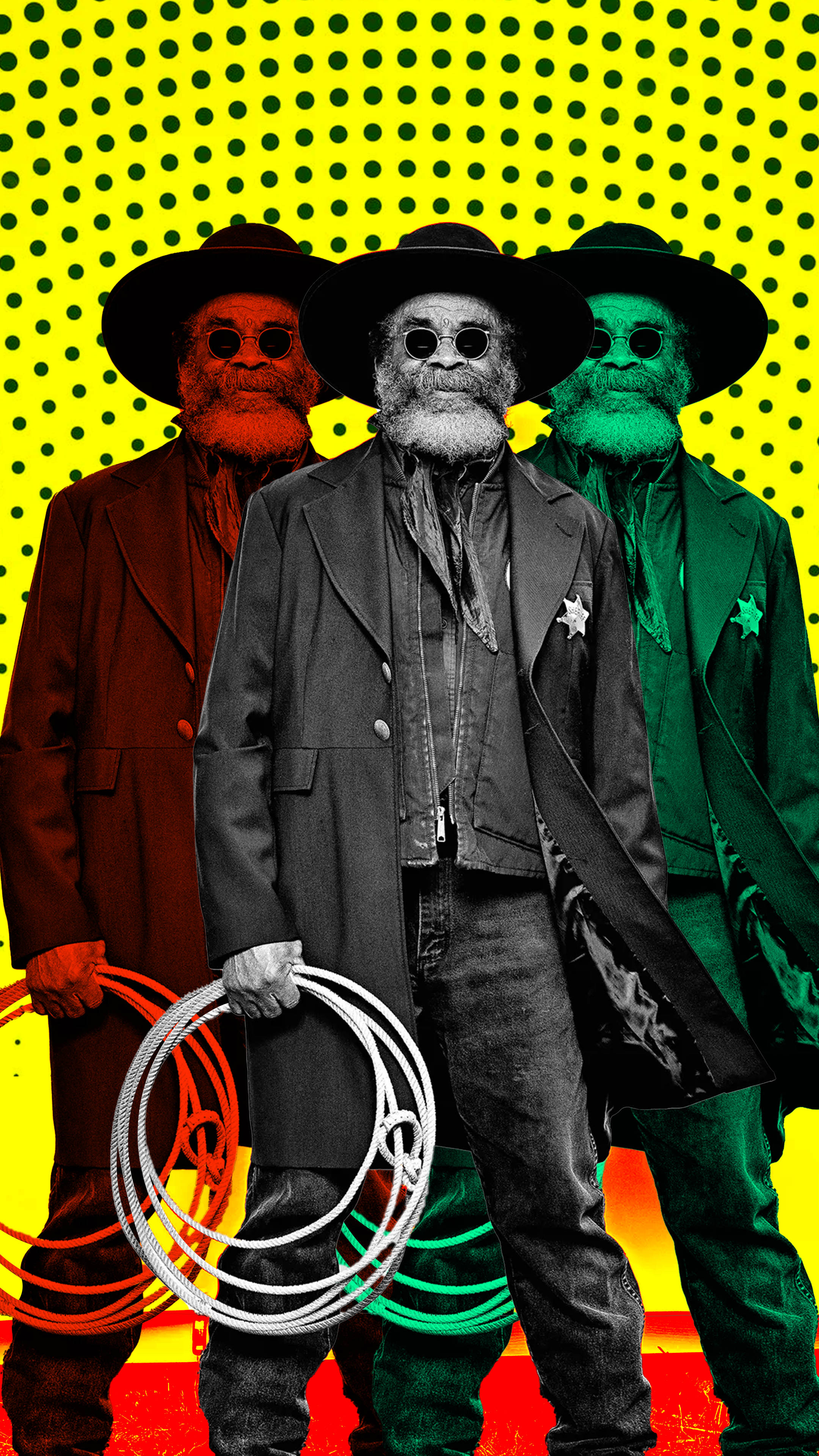 Cowboy 桌布 壁紙 — 三個留鬍子戴帽子的風格化牛仔，站在充滿活力的黃色圓點背景前，人物帶有色彩色調。