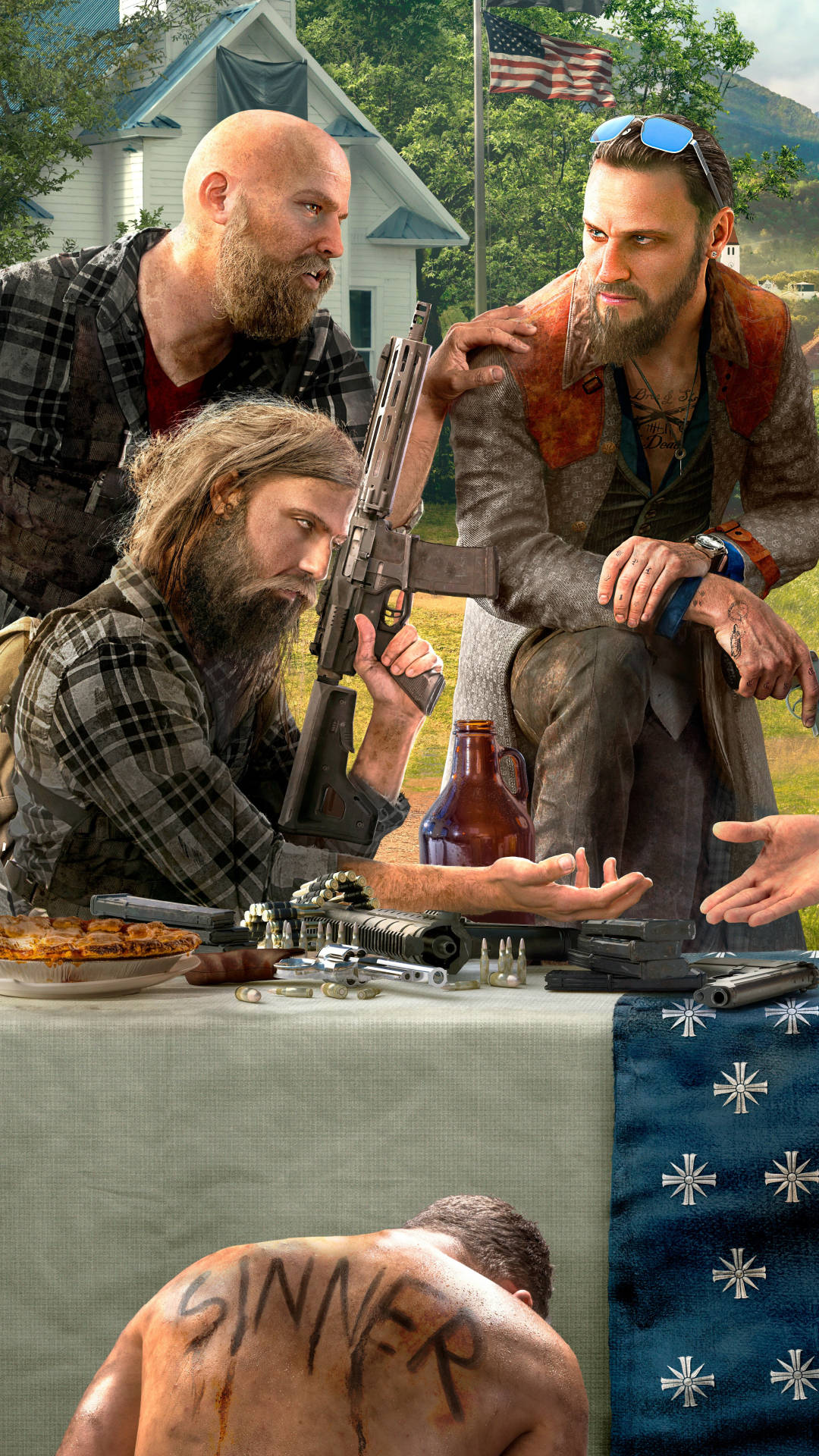 far cry 5 iPhone 桌布 壁紙 — 三個留鬍鬚的男人帶著武器在鄉村庭院圍著一張桌子，而一個沒穿衣服的男人背上寫著「罪人」在附近跪著。