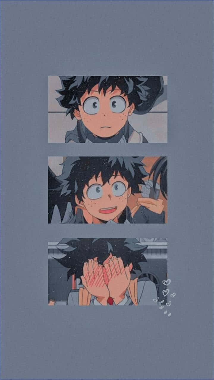 Aesthetic Deku 桌布 壁紙 — 三個疊加的動畫面板顯示一個頭髮凌亂的男孩，先表現驚訝，然後喜悅，再害羞地用附近漂浮的心形遮住臉。