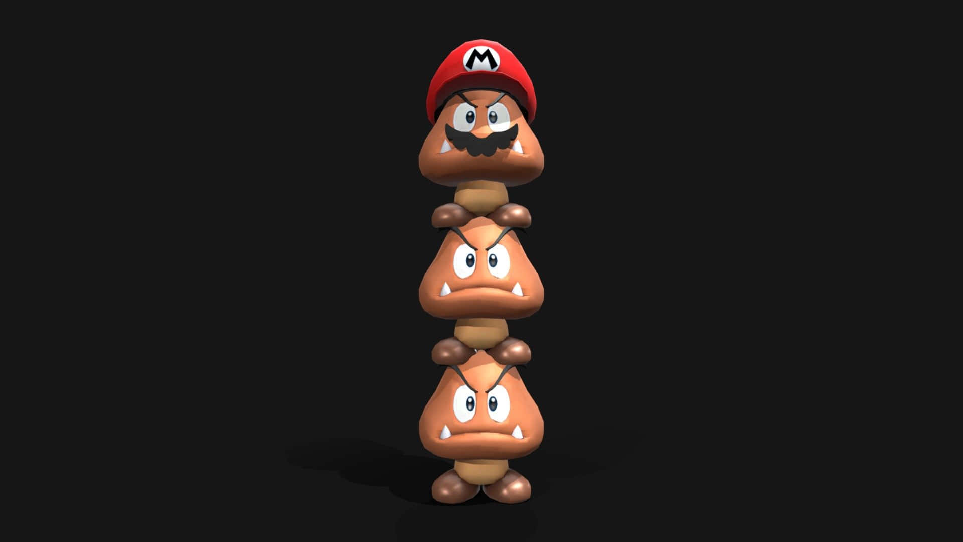 Goomba 桌布 壁紙 — 三個疊起的Goomba角色，其中一個戴著紅色Mario帽，背景為黑色。
