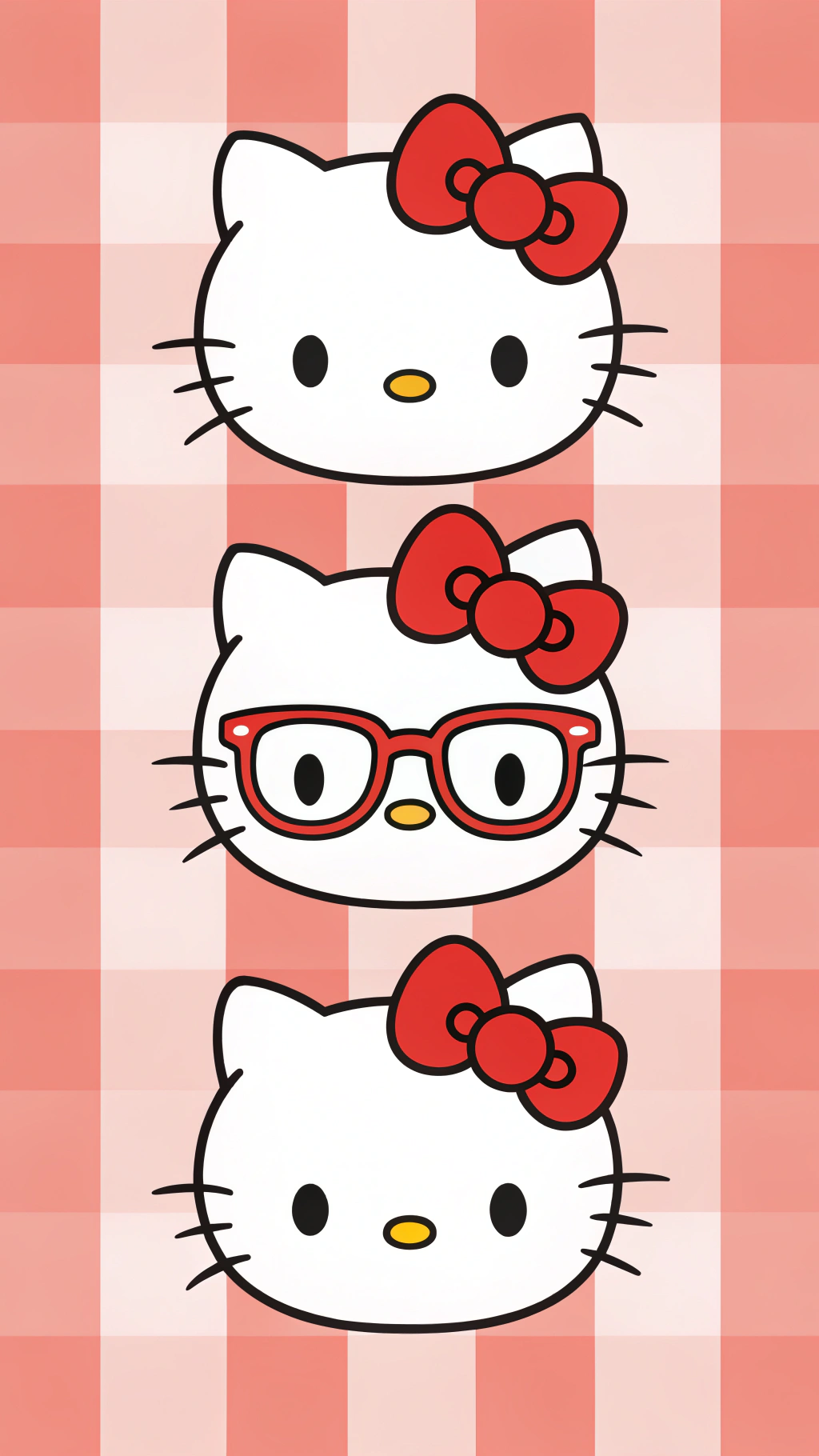 playful 桌布 壁紙 — 三個疊起的Hello Kitty臉孔，戴著紅色蝴蝶結，其中一個戴著紅色眼鏡，背景為粉紅色格子圖案。