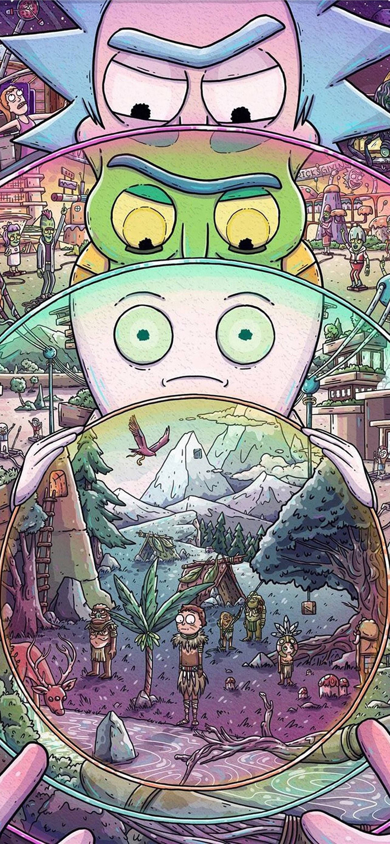 瑞克和莫蒂 桌布 壁紙 — 三個疊起的卡通角色俯視一個圓形傳送門，門中顯現一個積雪的山谷，有原始人和一隻飛鳥。