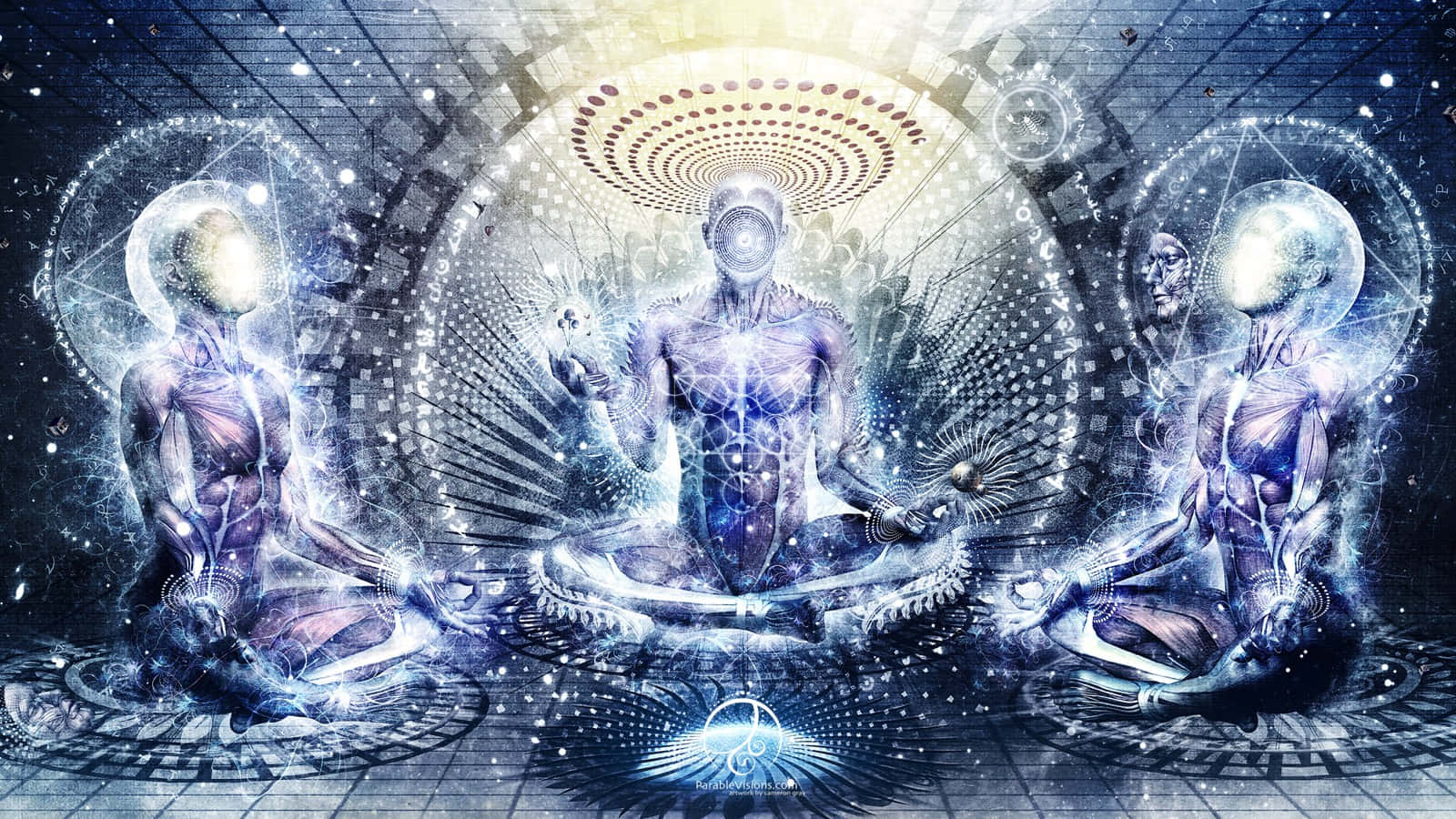 Spiritual Awakening 桌布 壁紙 — 三個發光人形在一個帶有輻射能量圖案和幾何符號的宇宙數位寺廟中冥想。