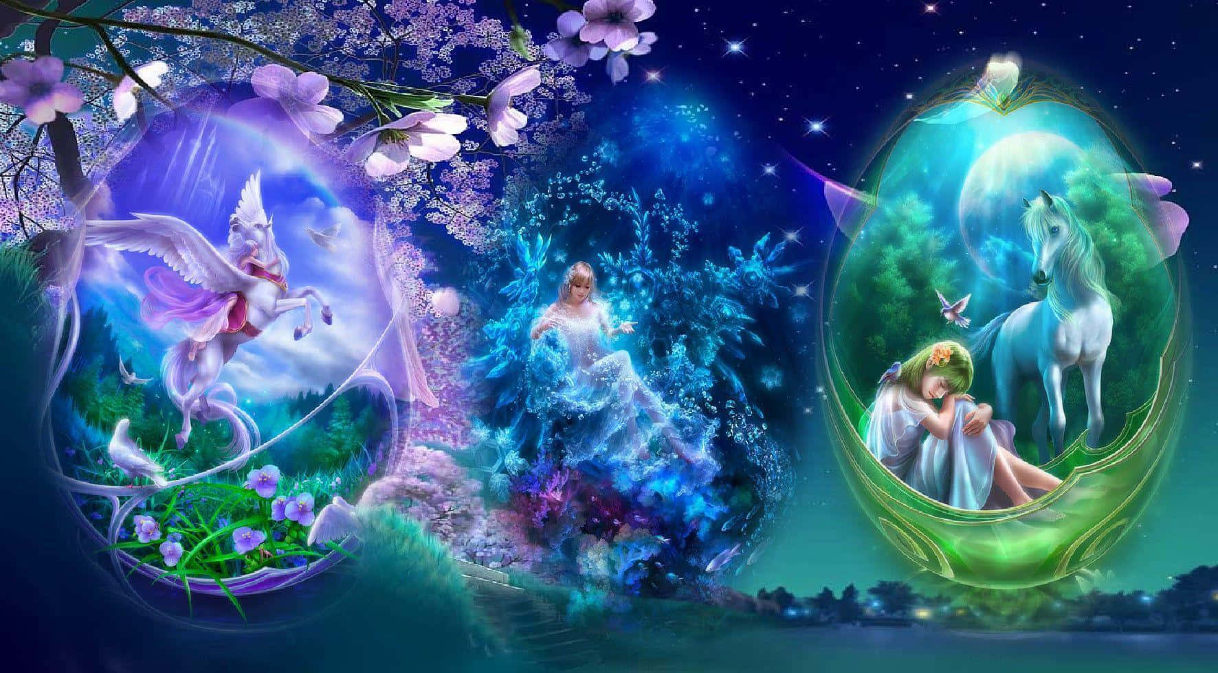 背景 桌布 壁紙 — 三個發光球體包含魔法場景：獨角獸、仙女和一個女孩在星空下與馬在一起。