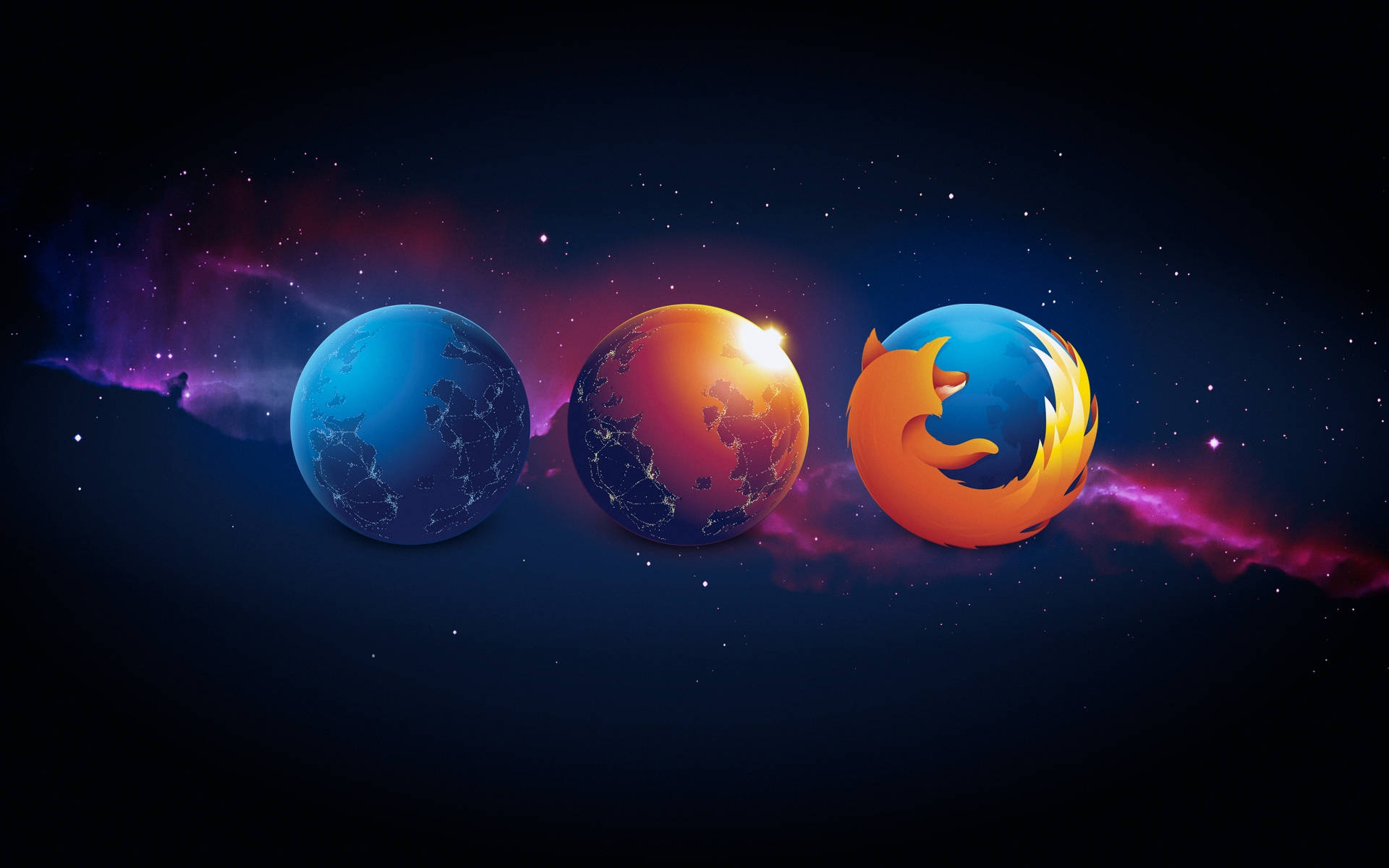 高清 桌布 壁紙 — 三個發光球體漂浮在宇宙空間中，最右邊的球體中出現一個火熱的狐狸標誌。