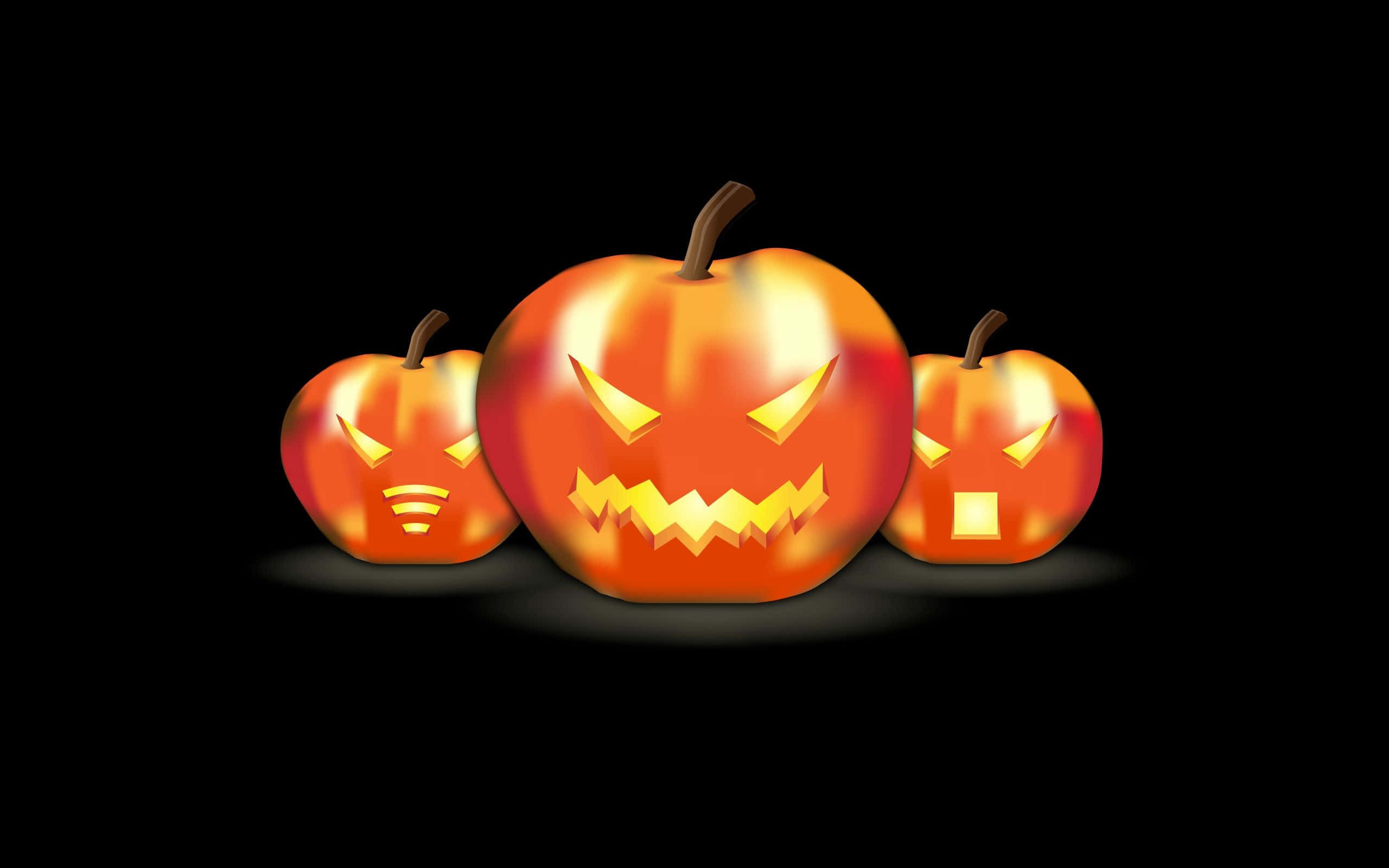 Halloween Laptop 桌布 壁紙 — 三個發光的傑克南瓜燈，帶有兇惡雕刻的臉孔，在漆黑的背景上投射出詭異的光芒。