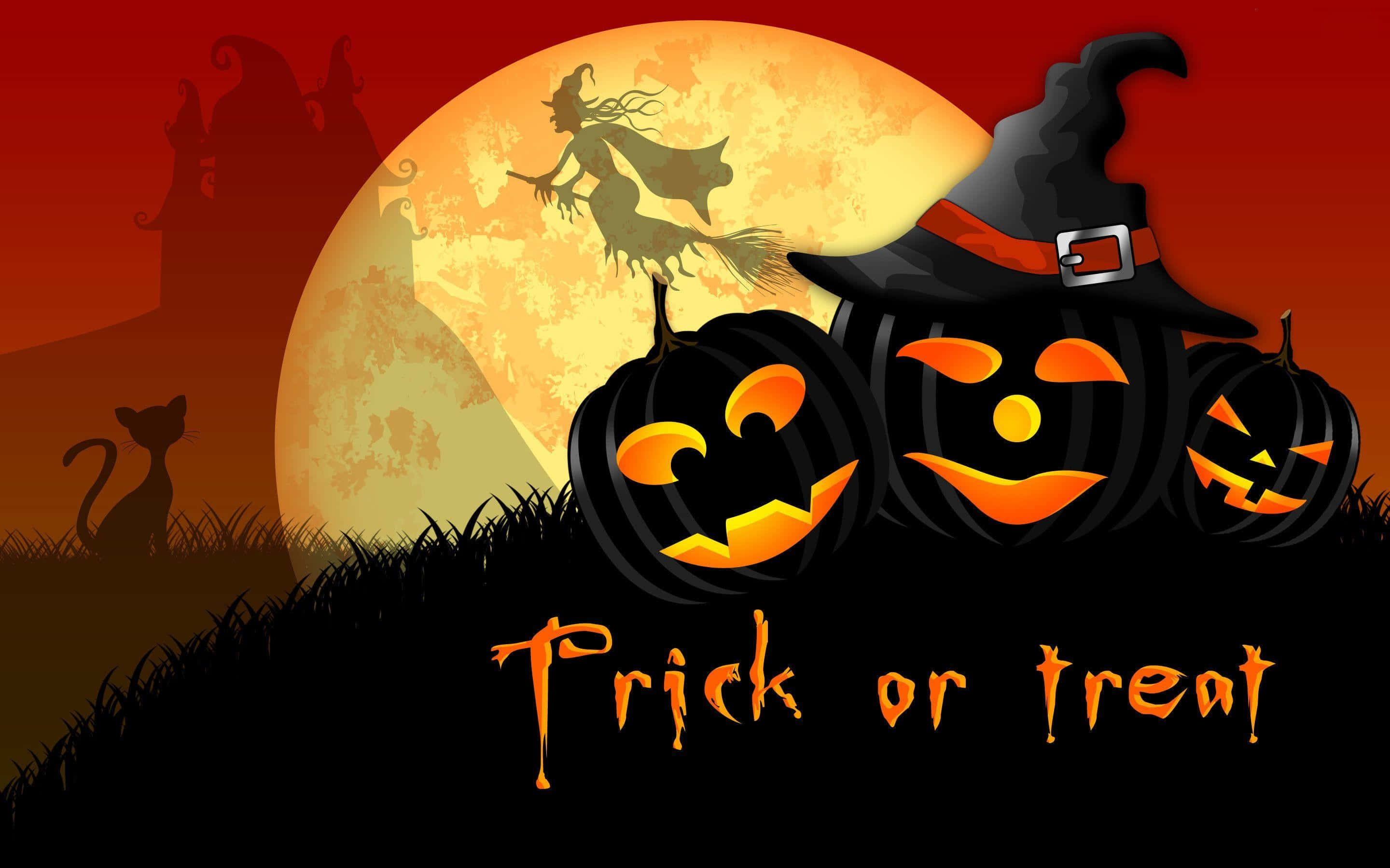 Trick-or-treaters 桌布 壁紙 — 三個發光的傑克南瓜燈，帶有巫婆帽和飛翔女巫剪影，襯托橙色滿月。