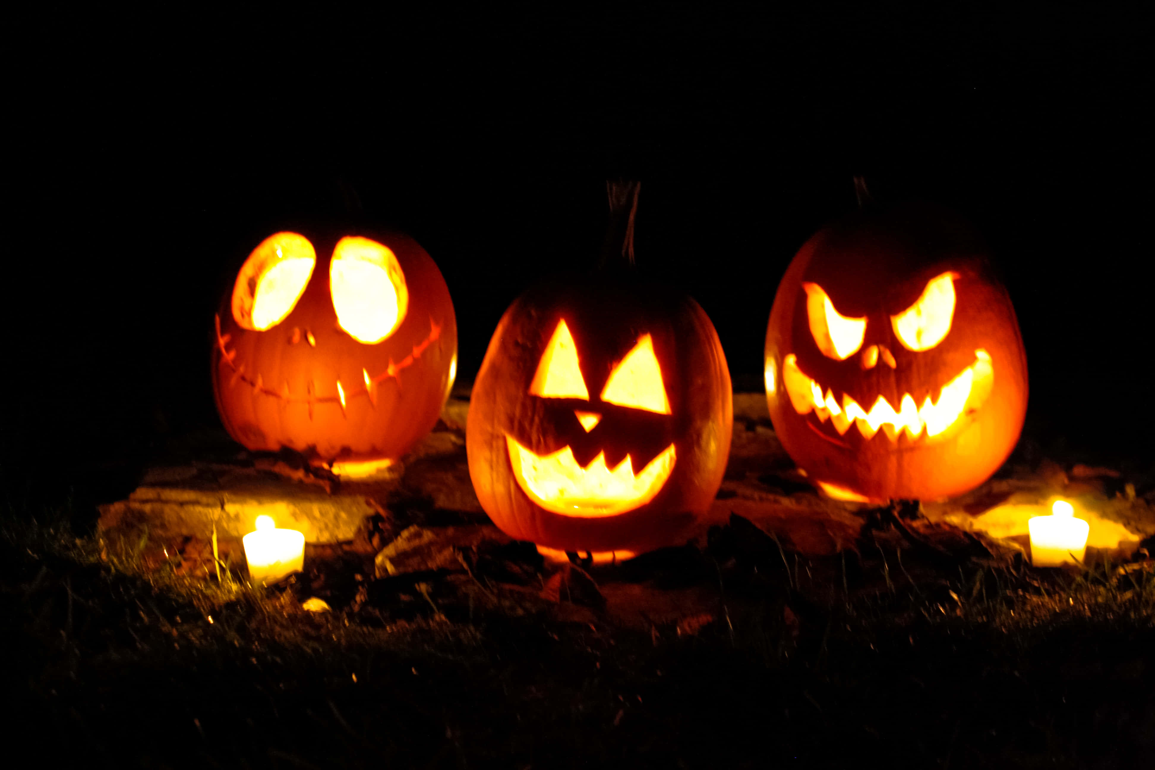 Halloween Macbook 桌布 壁紙 — 三個發光的傑克南瓜燈，帶有雕刻的臉孔，夜晚坐在草地上，由內部的蠟燭照亮。