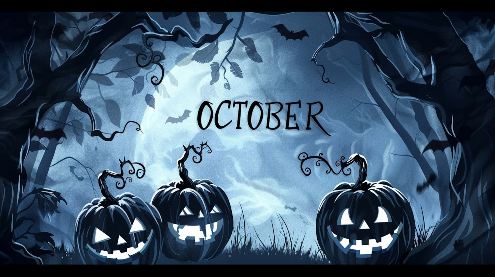 October Desktop 桌布 壁紙 — 三個發光的傑克南瓜燈在滿月下微笑，背景是蝙蝠飛舞、樹木扭曲的陰森森林。