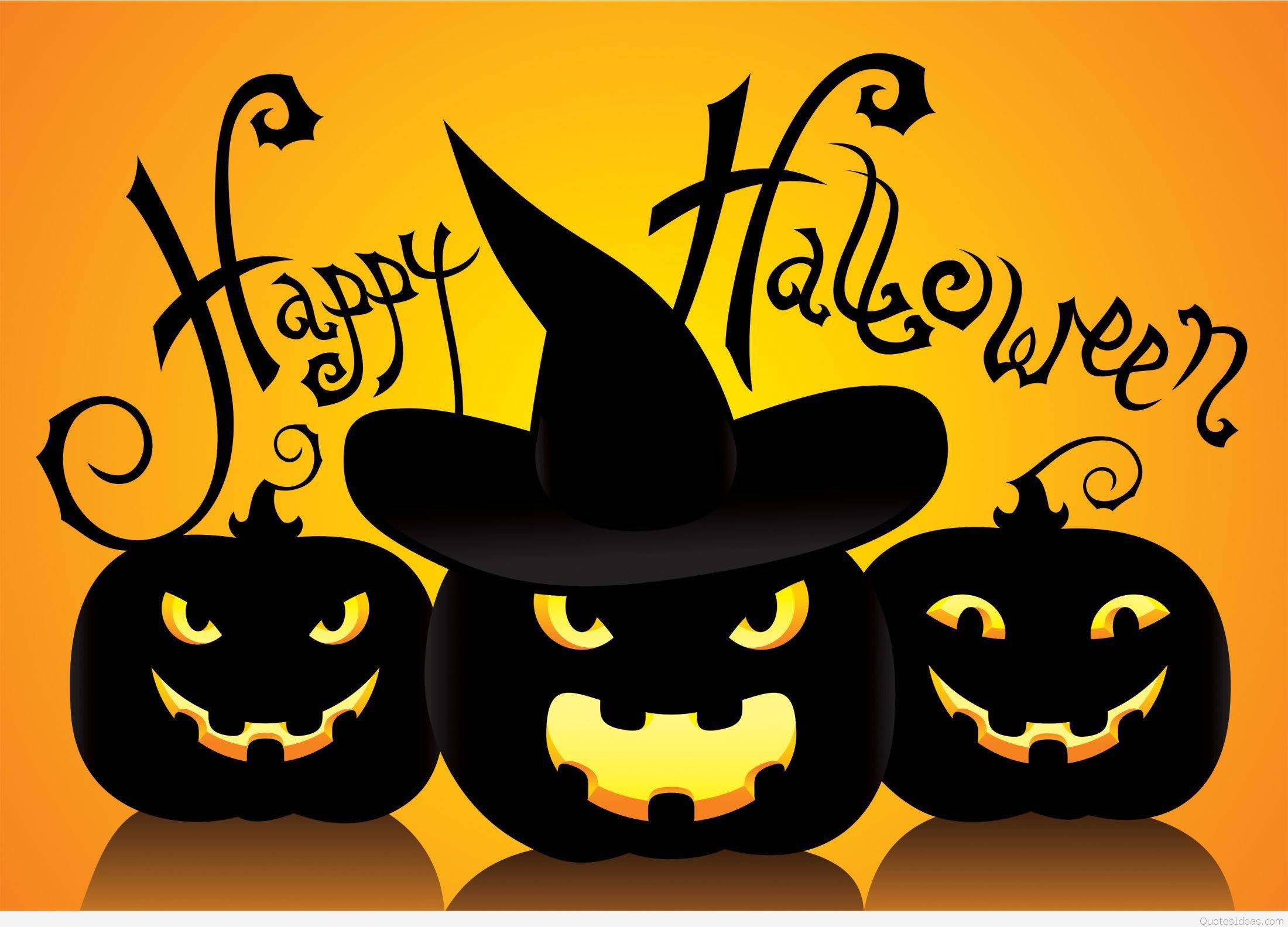 Kawaii Halloween 桌布 壁紙 — 三個發光的傑克南瓜燈戴著女巫帽，在充滿活力的橙色萬聖節背景下微笑。