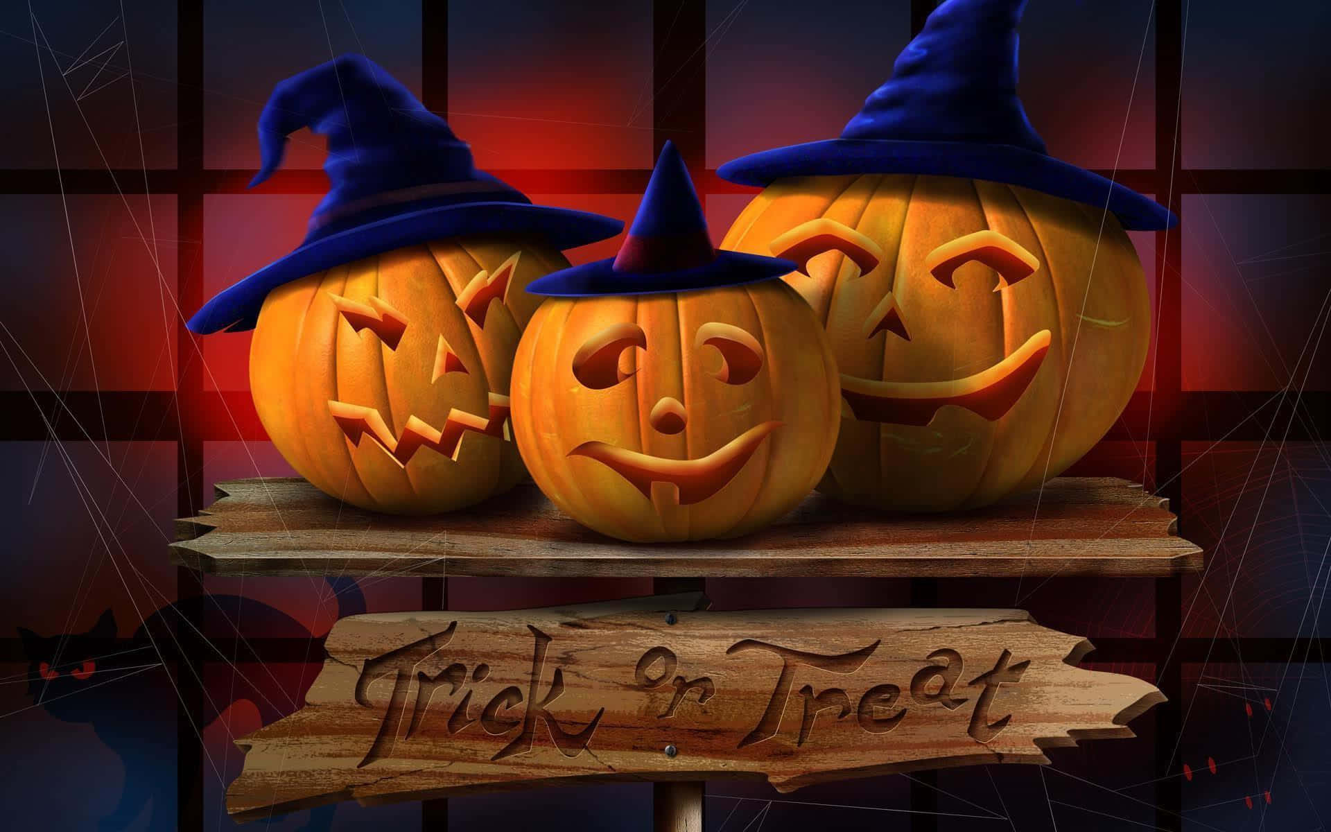 3d Halloween 桌布 壁紙 — 三個發光的傑克南瓜燈戴著藍色巫婆帽，坐在一個寫著「Trick or Treat」的木牌上，背景是深紅色的窗格。
