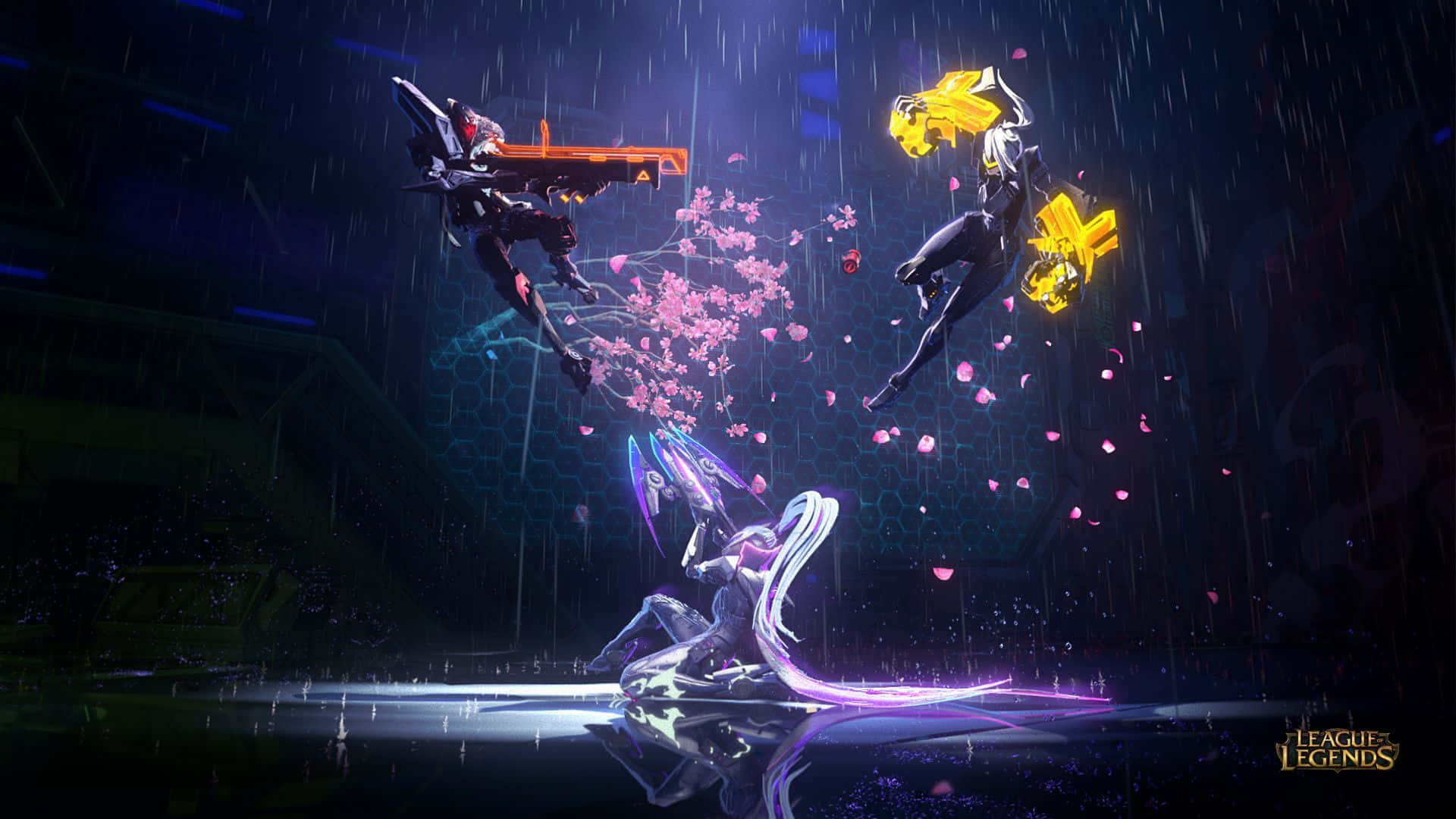 Best League Of Legends 桌布 壁紙 — 三個發光的動漫角色在雨中的霓虹燈競技場戰鬥，櫻花在空中飄舞。