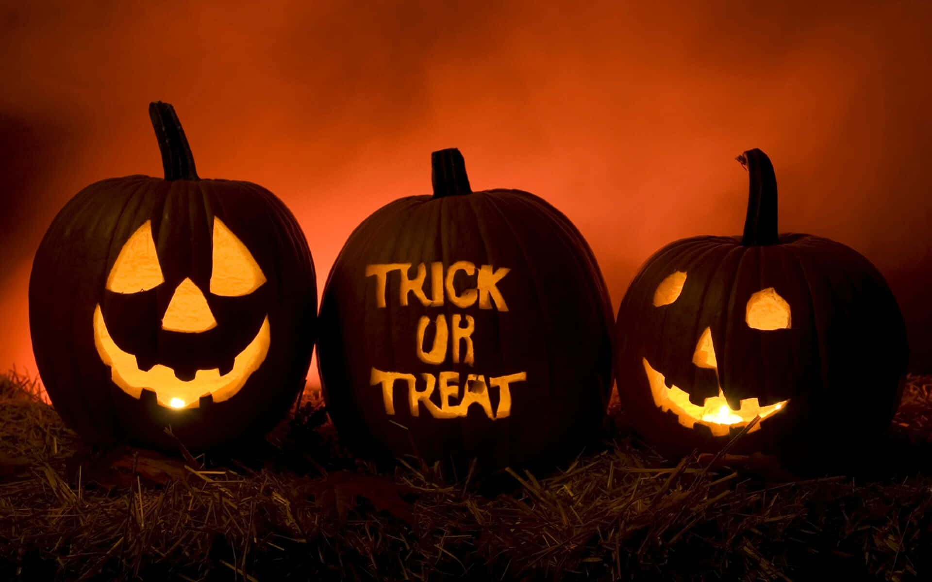 Trick Or Treat 桌布 壁紙 — 三個發光的南瓜燈，帶有雕刻的臉孔和'trick or treat'文字，放在乾草上，背景是煙霧瀰漫的橙色。