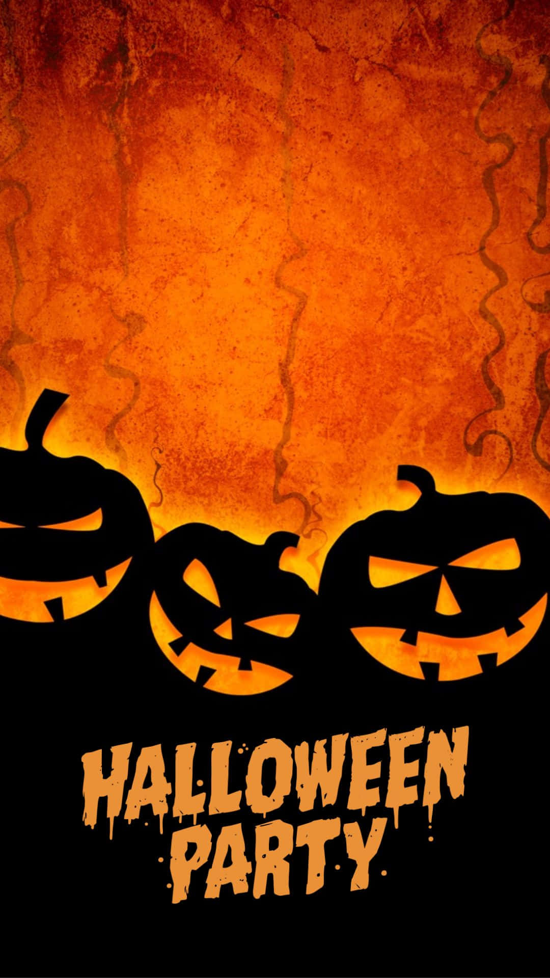 Halloween Party 桌布 壁紙 — 三個發光的南瓜燈籠帶著兇險的笑容，漂浮在火橙色紋理背景上，帶有滴落的萬聖節派對文字。