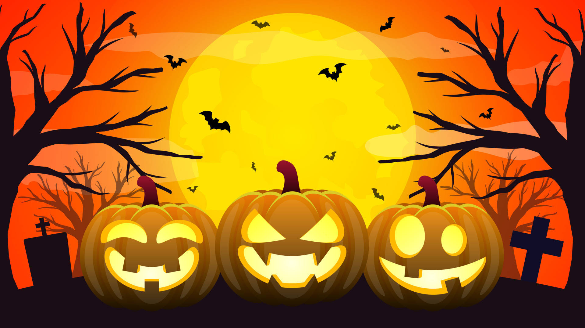 Spooky Season 桌布 壁紙 — 三個發光的南瓜燈籠帶著笑臉，站在一個巨大的黃色月亮前，周圍有飛翔的蝙蝠和光禿禿的樹木。