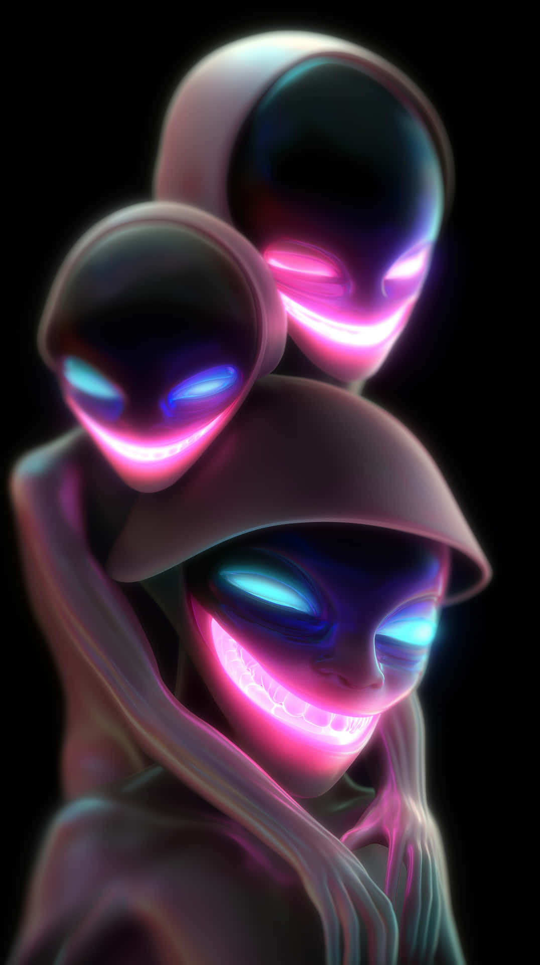 Three Emitting Beings with Distinctive Glows 壁紙 — 三個發光的外星人頭顱，帶有螢光粉紅和藍色的眼睛和笑容，漂浮在黑色背景上。