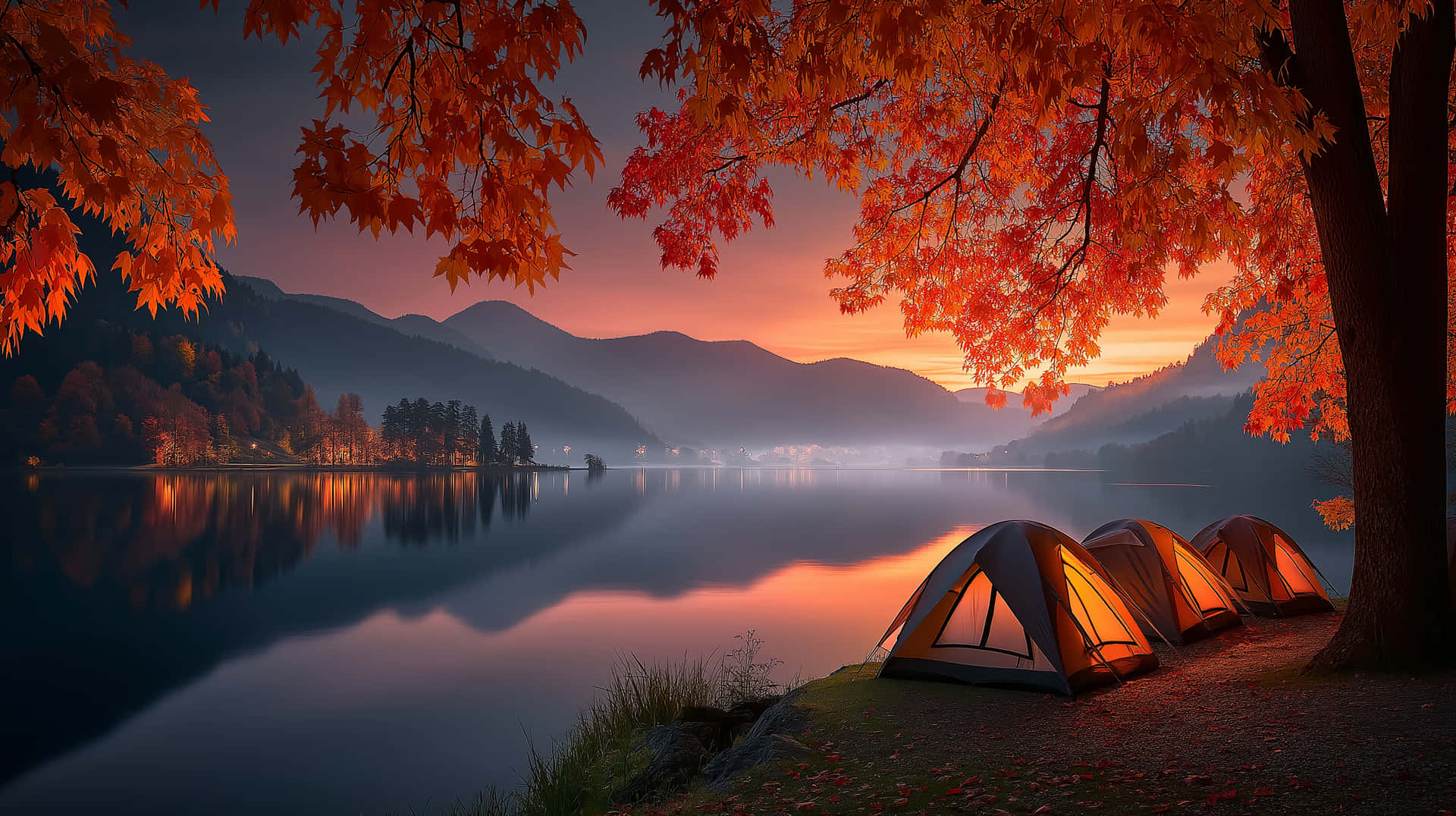 Lakeside Camping with Tents & Mountains at Sunrise 壁紙 — 三個發光的帳篷依偎在火紅的橙色楓樹下，旁邊是霧氣繚繞的湖泊，倒映著遠山上的日落。