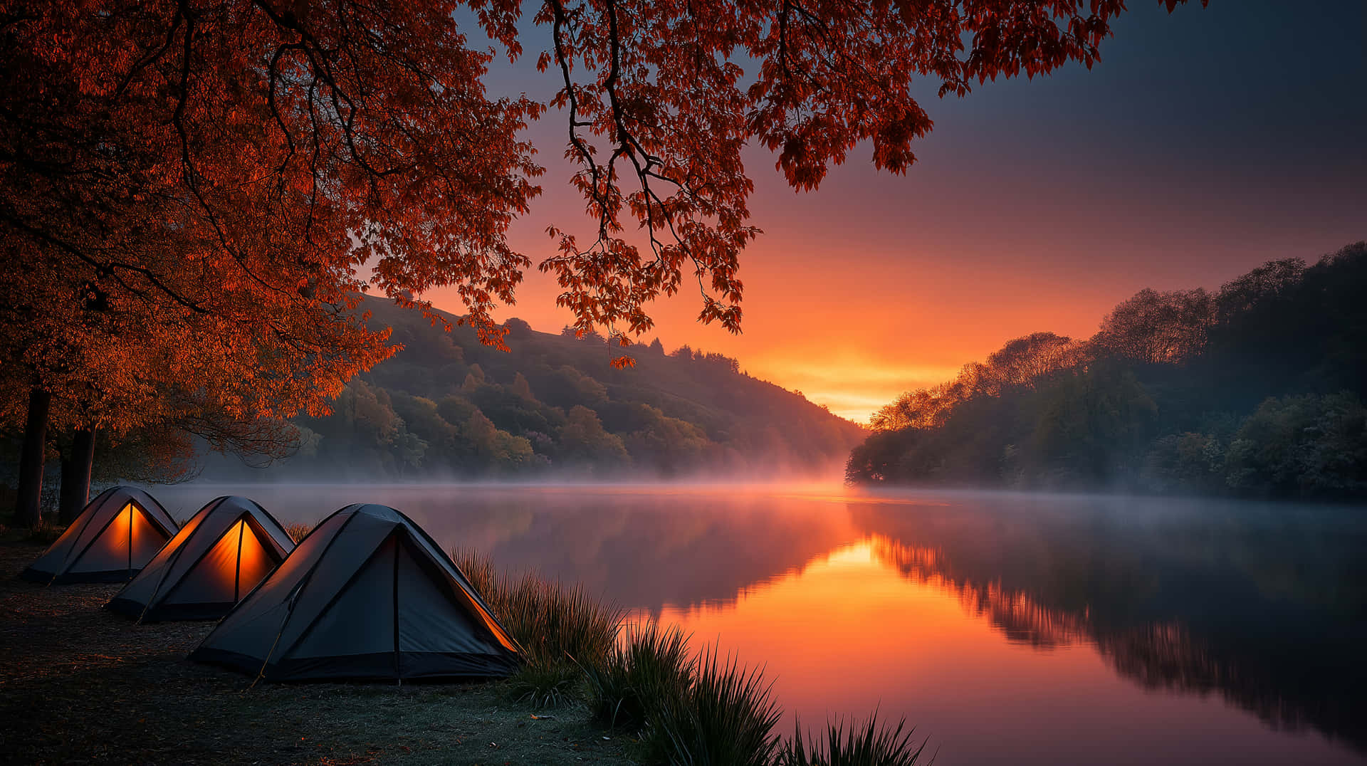 Camping Tents by Misty Lake at Autumn Sunrise Nature 壁紙 — 三個發光的帳篷依偎在火紅的秋葉下，旁邊是日出時霧氣瀰漫的湖泊。
