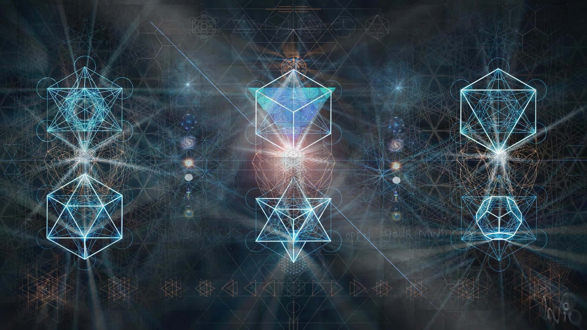 sacred 桌布 壁紙 — 三個發光的幾何晶體結構在充滿微妙星圖案的黑暗宇宙背景下發出耀眼的光芒。