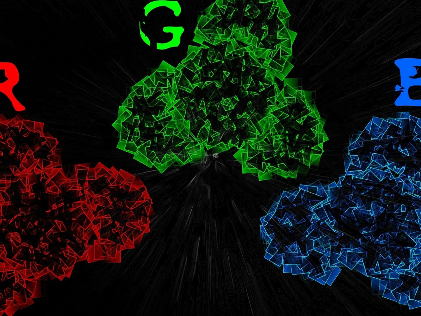 RGB 桌布 壁紙 — 三個發光的幾何簇（紅色、綠色和藍色）從黑色背景的暗中心輻射出來。