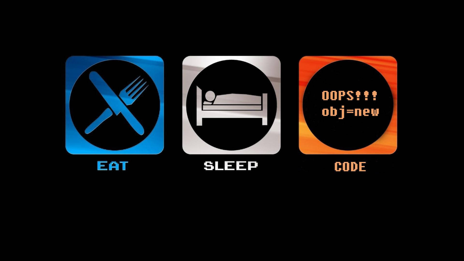 Memes 桌布 壁紙 — 三個發光的應用程式圖示，用於 eat sleep code，背景為黑色。