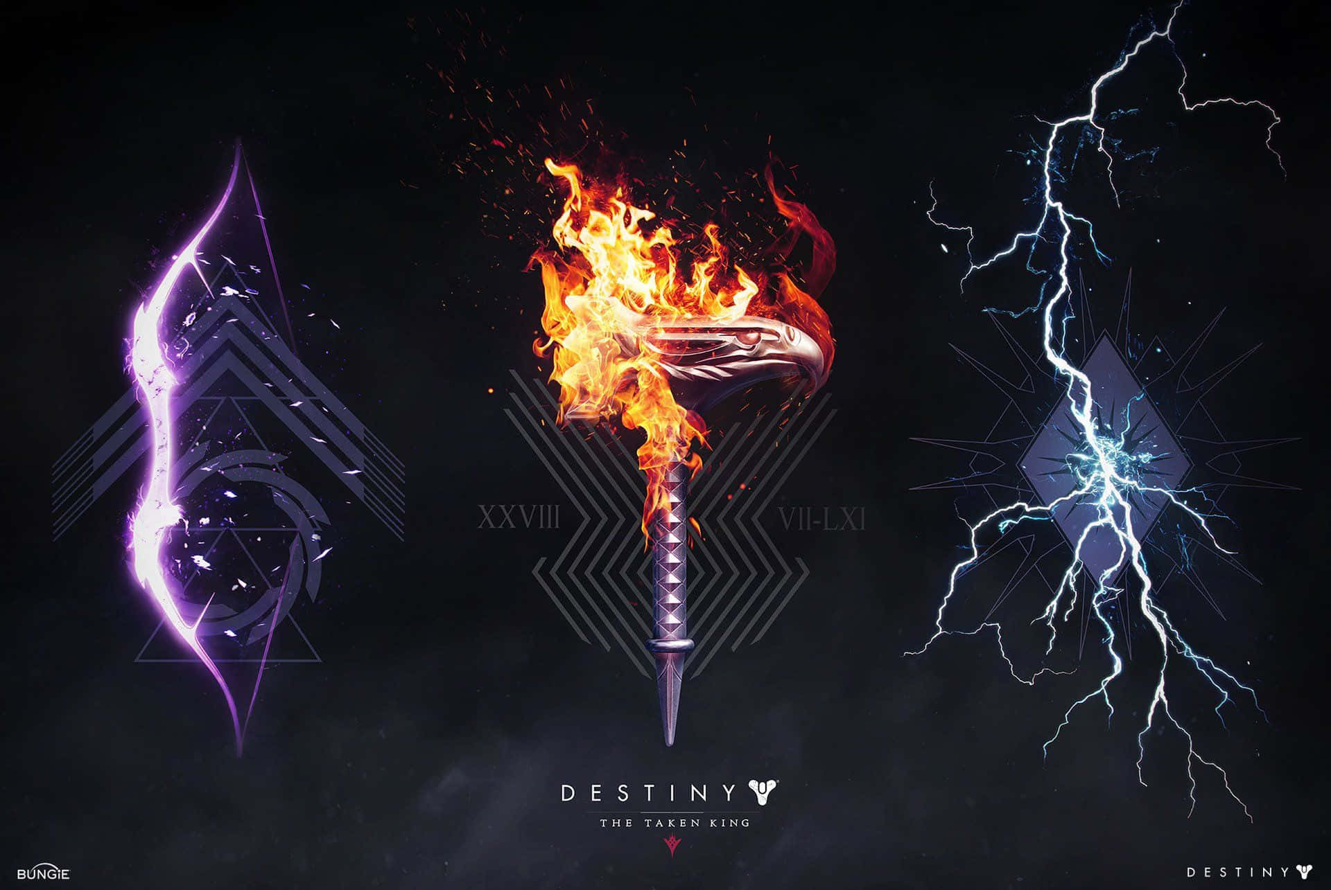 Titan Destiny 2 4K 桌布 壁紙 — 三個發光的權力象徵：紫色弓、火焰火炬和藍色閃電，背景為黑暗宇宙。