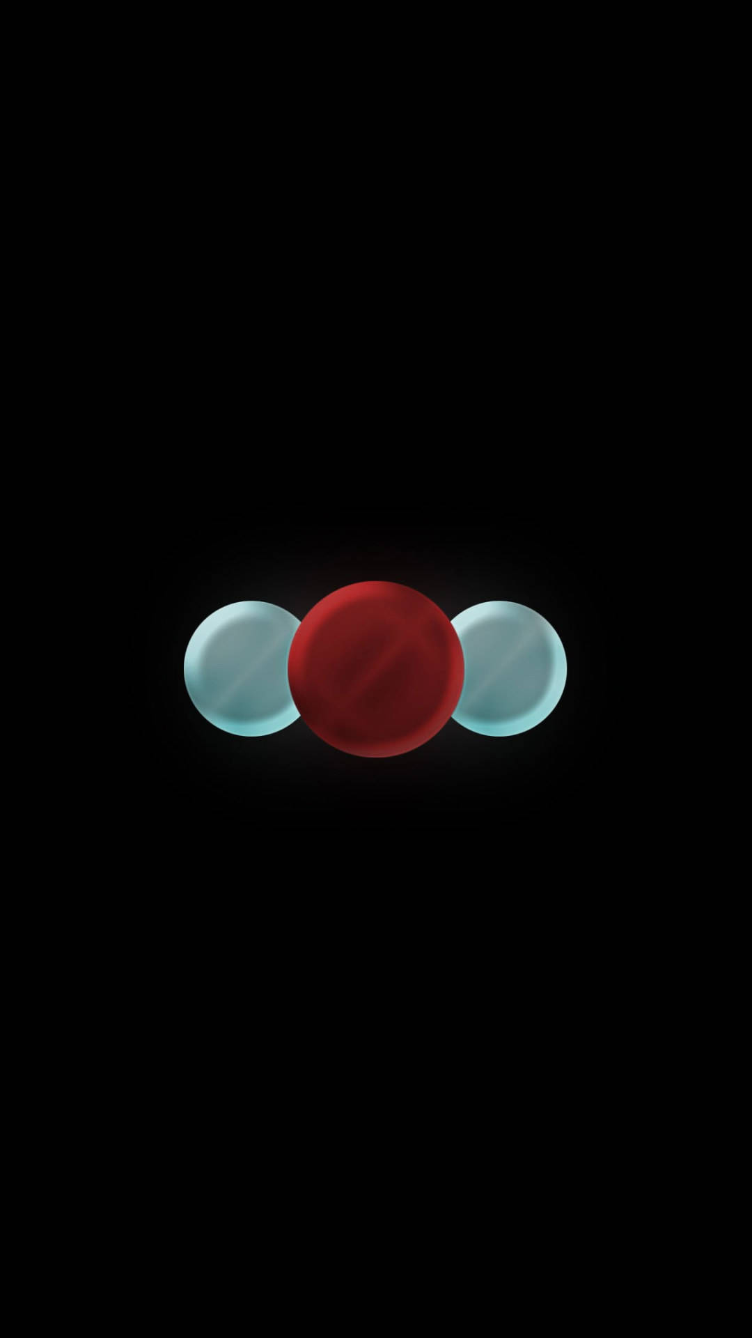 Red Circle 桌布 壁紙 — 三個發光的球體，紅色中心兩側各有一個青色球體，漂浮在純黑色的虛空中。