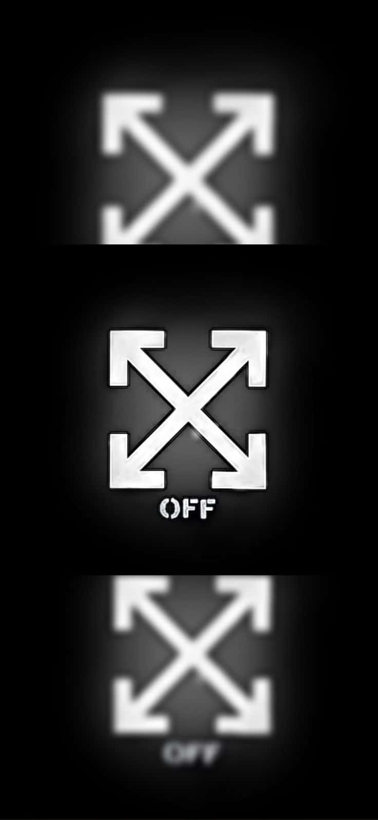 Off White iPhone 桌布 壁紙 — 三個發光的白色 Off White 標誌符號，中央帶有 'OFF' 文字，置於帶有徑向模糊效果的黑色背景上。