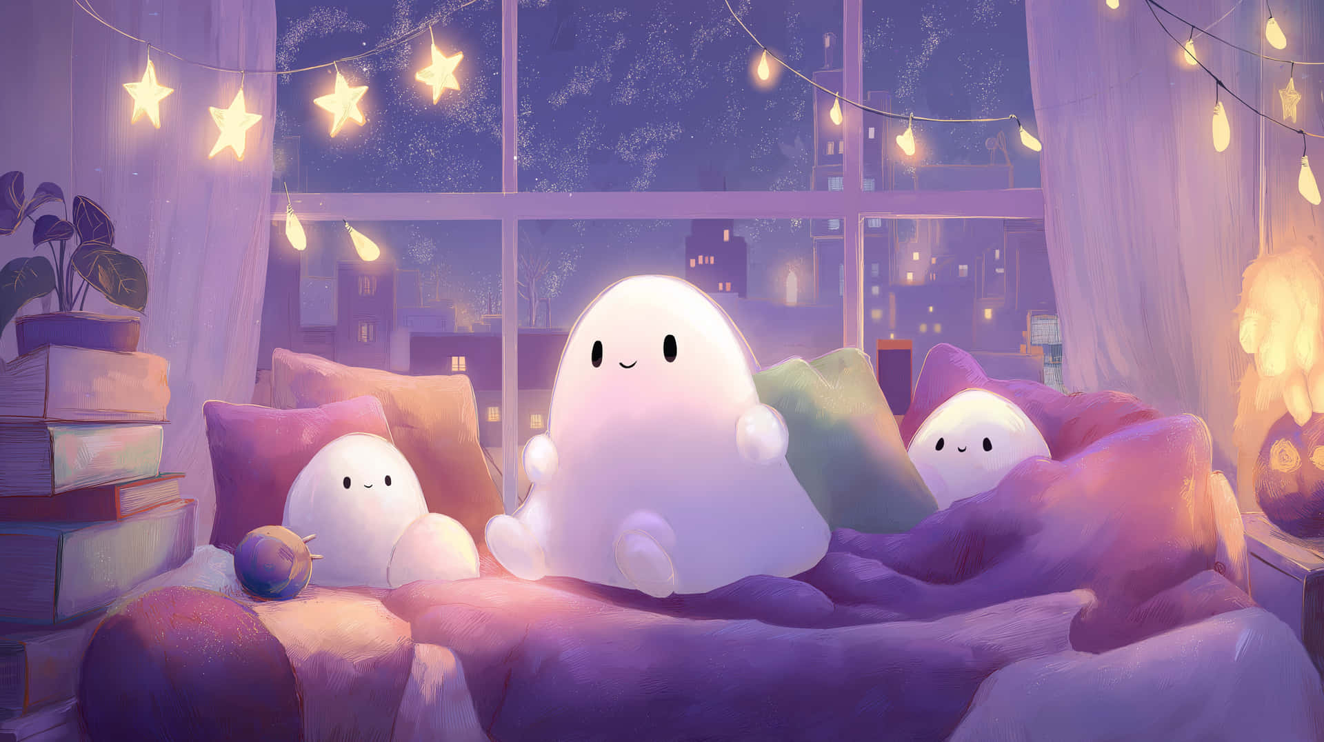 Cute Ghosts Relaxing on Pillows with City Night View 壁紙 — 三個發光的白色幽靈狀生物在星光串燈下依偎在舒適的床上，欣賞夜晚的城市景觀。