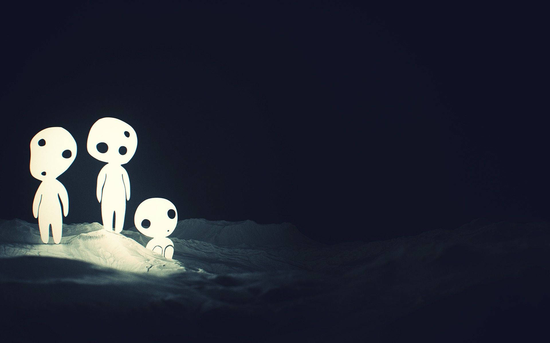 Princess 桌布 壁紙 — 三個發光的白色極簡人形站在雪堆上，背景是黑暗的夜空。