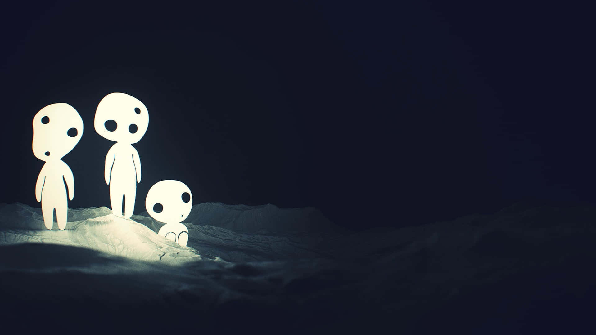 桌布 壁紙 — 三個發光的白色極簡人物站在雪堆上，背景是漆黑的夜空。