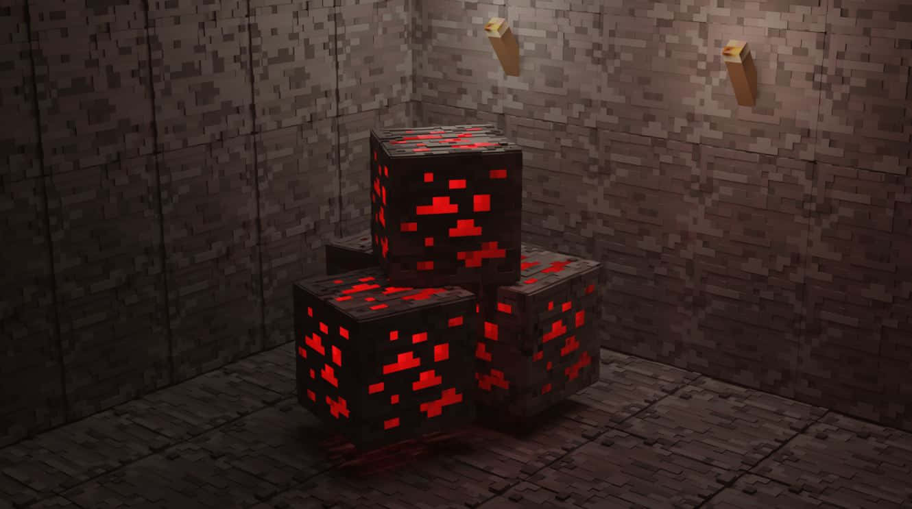 Minecraft Redstone 桌布 壁紙 — 三個發光的紅色像素化熔岩方塊位於一個光線昏暗的石室中，牆上掛著火炬。