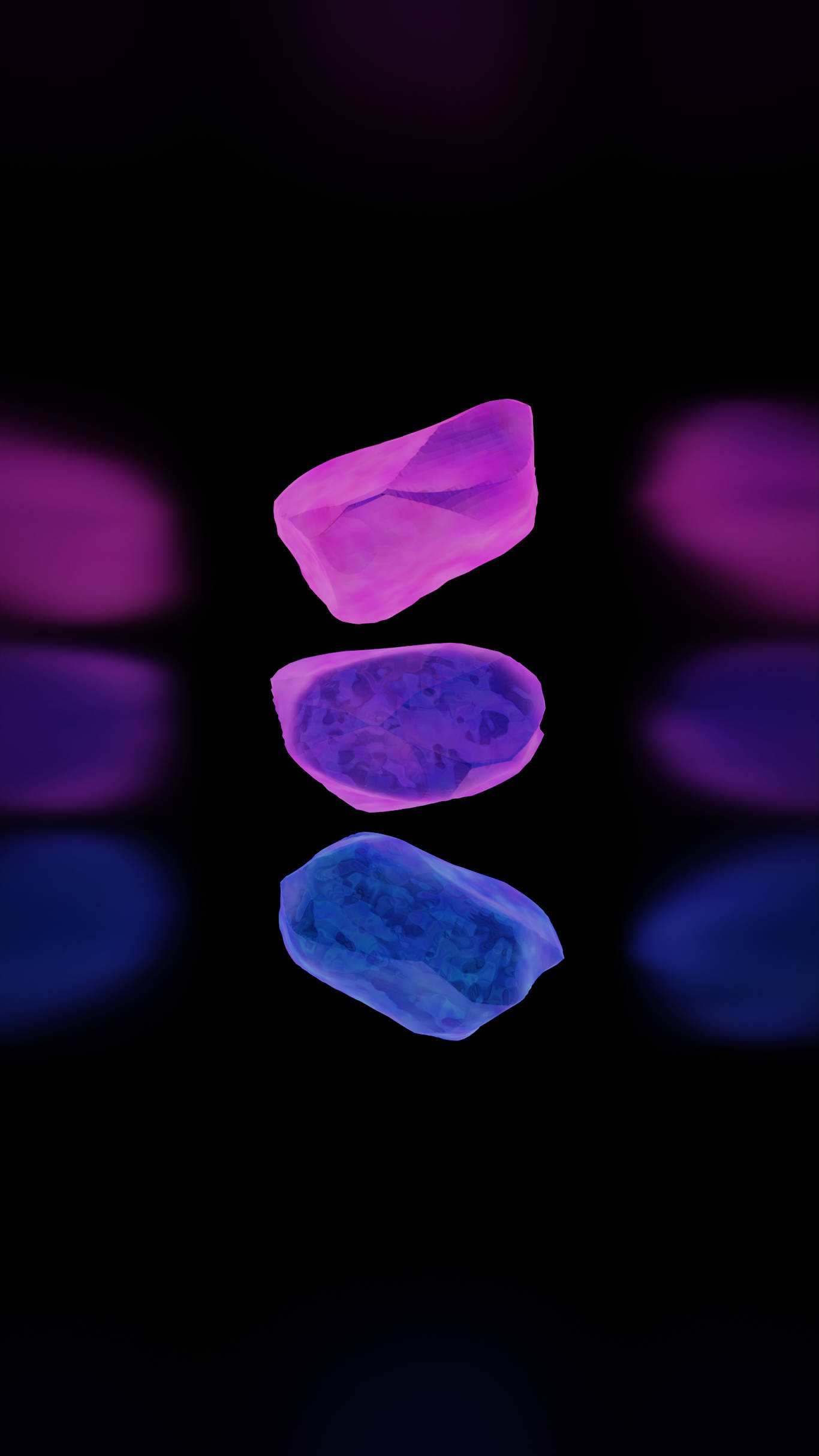 水晶 桌布 壁紙 — 三個發光的紫色和藍色水晶形狀在黑暗背景上垂直漂浮，帶有模糊的色彩光暈。