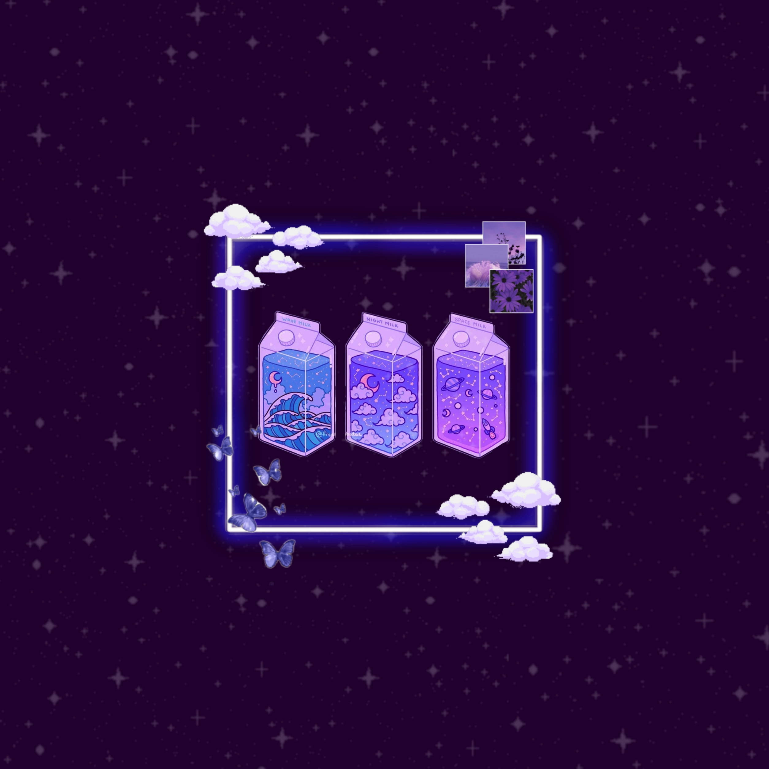 暗紫色美學 桌布 壁紙 — 三個發光的紫色牛奶盒漂浮在星光燦爛的夜空中，以霓虹燈和蓬鬆的雲朵為框架，蝴蝶在周圍飛舞。